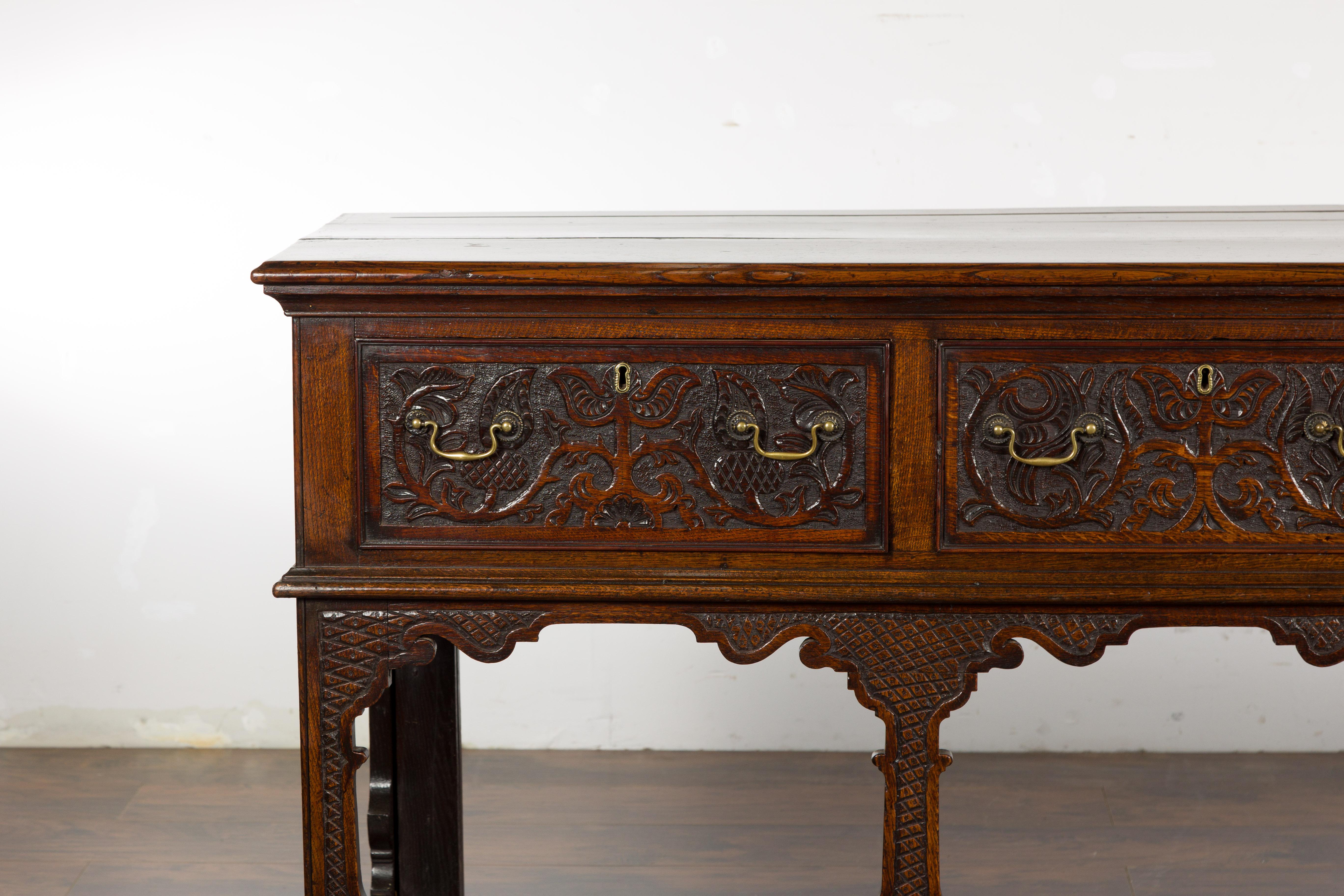 Brass English 19th Century Oak Sideboard with Three Low-Relief Carved Drawers For Sale