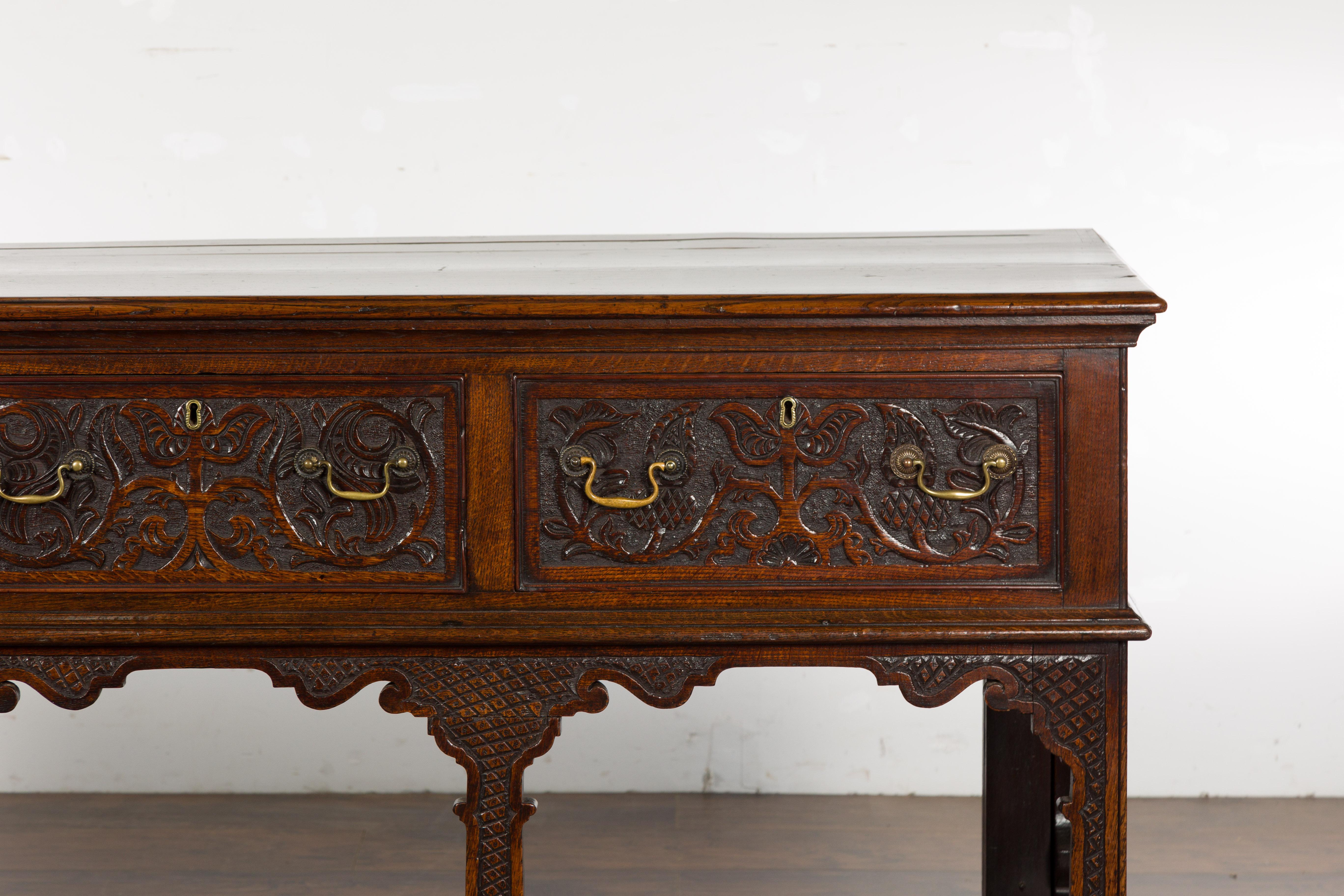 English 19th Century Oak Sideboard with Three Low-Relief Carved Drawers For Sale 1