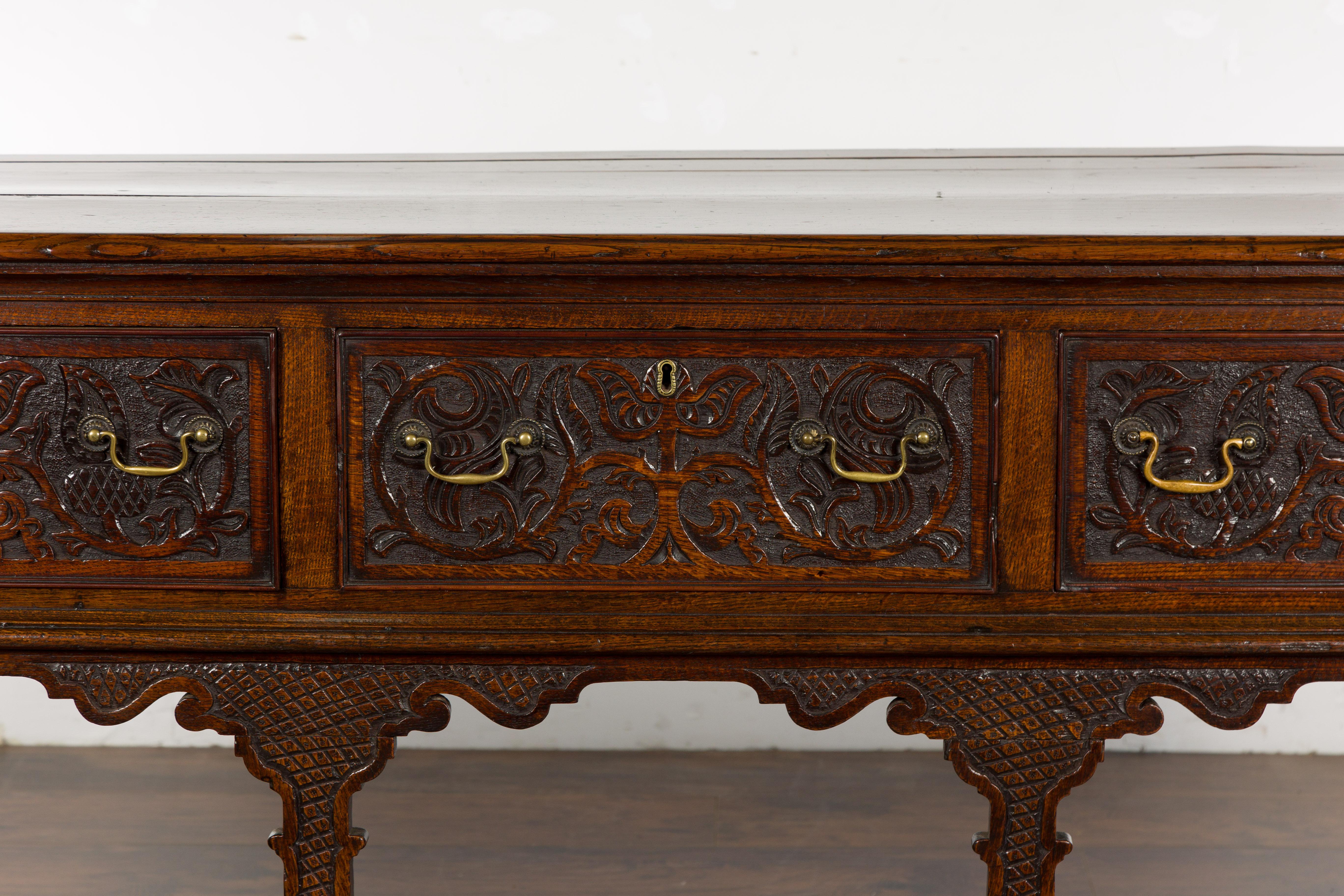 English 19th Century Oak Sideboard with Three Low-Relief Carved Drawers For Sale 2