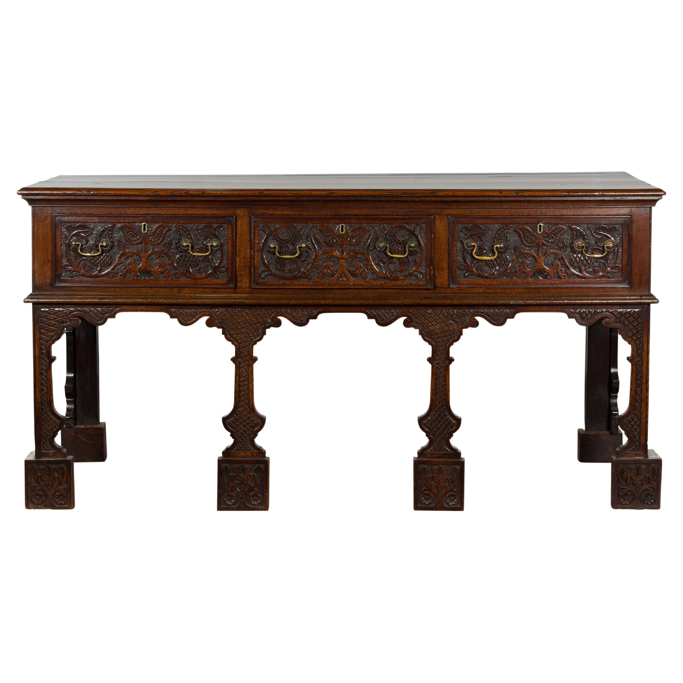 English 19th Century Oak Sideboard with Three Low-Relief Carved Drawers For Sale