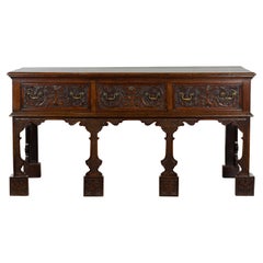 English 19th Century Oak Sideboard with Three Low-Relief Carved Drawers