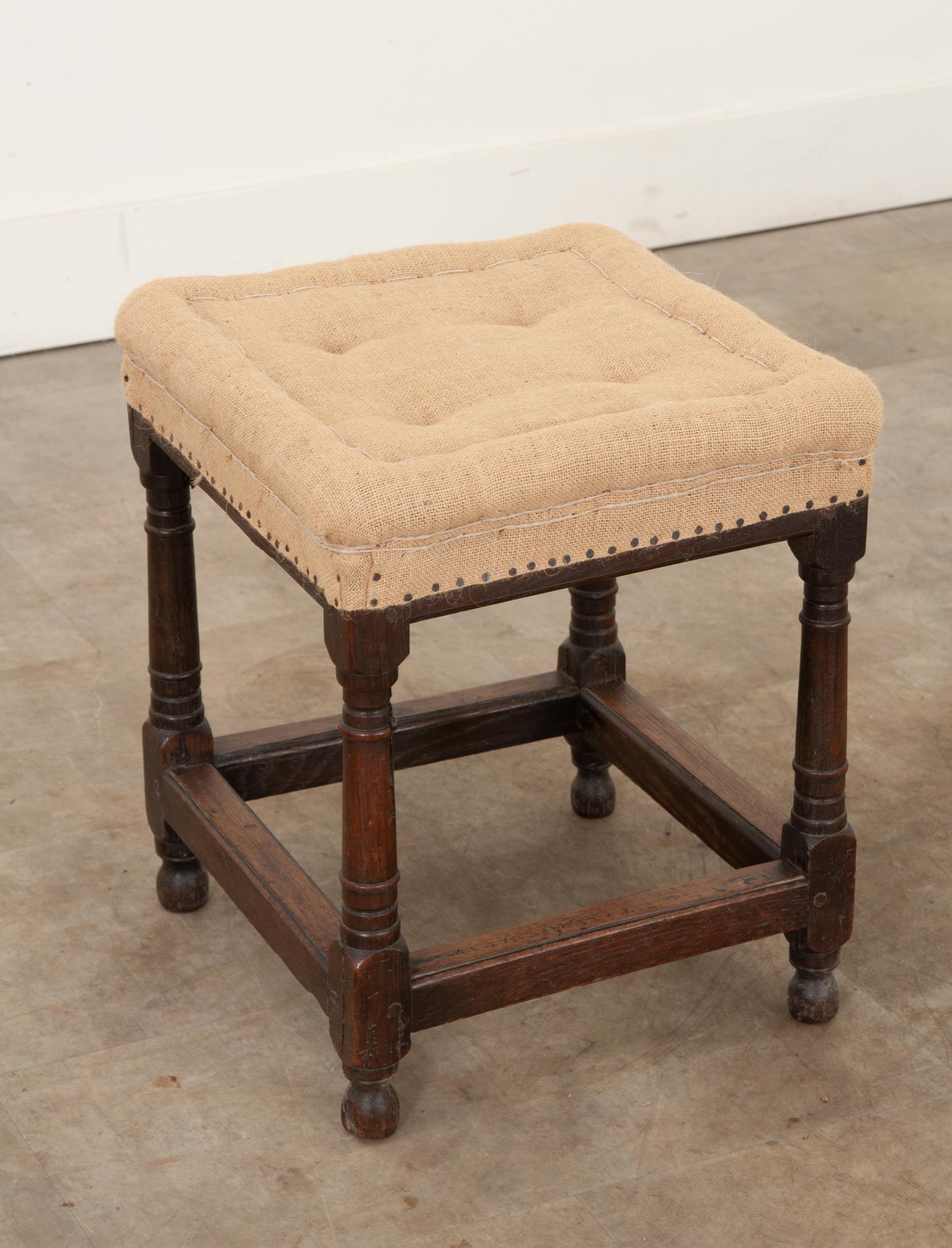 Hand-Carved English 19th Century Oak Stool For Sale