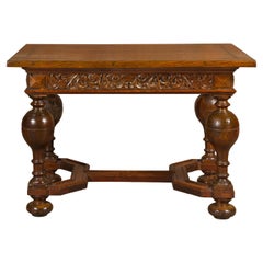 Antique English 19th Century Oak Table with Carved Apron and Turned Baluster Legs