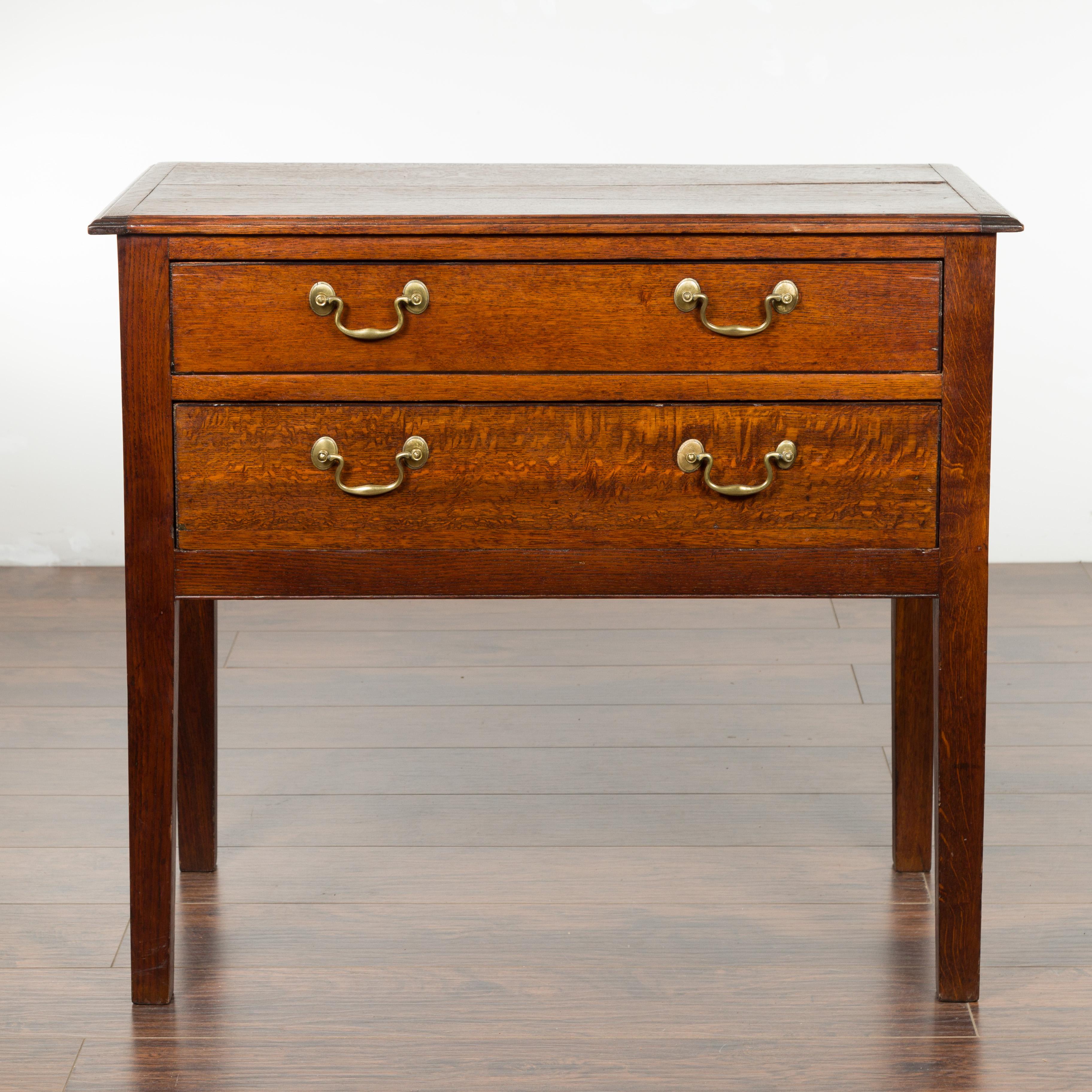 English 19th Century Oak Two-Drawer Chest with Brass Pulls and Straight Legs In Good Condition In Atlanta, GA