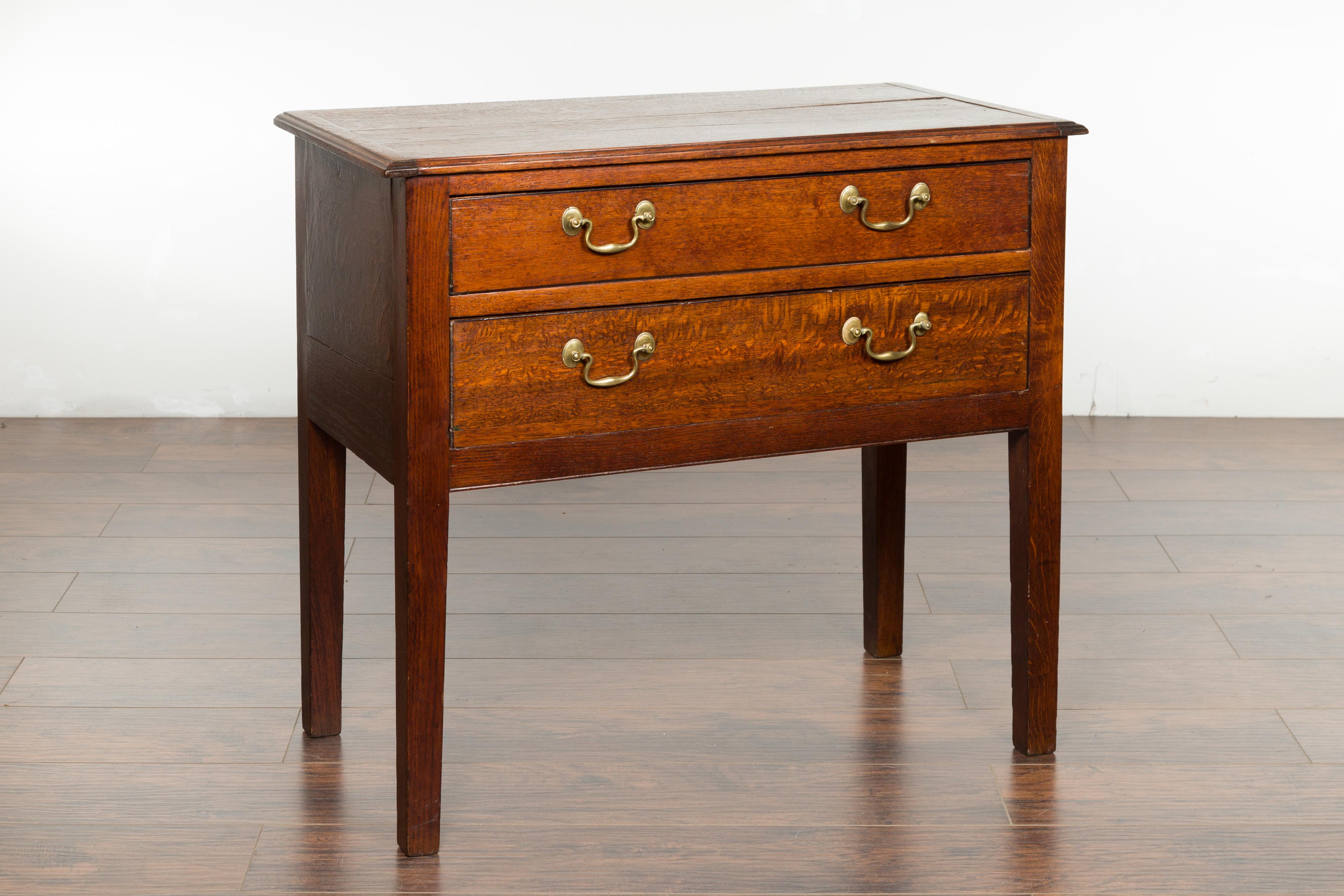English 19th Century Oak Two-Drawer Chest with Brass Pulls and Straight Legs 1