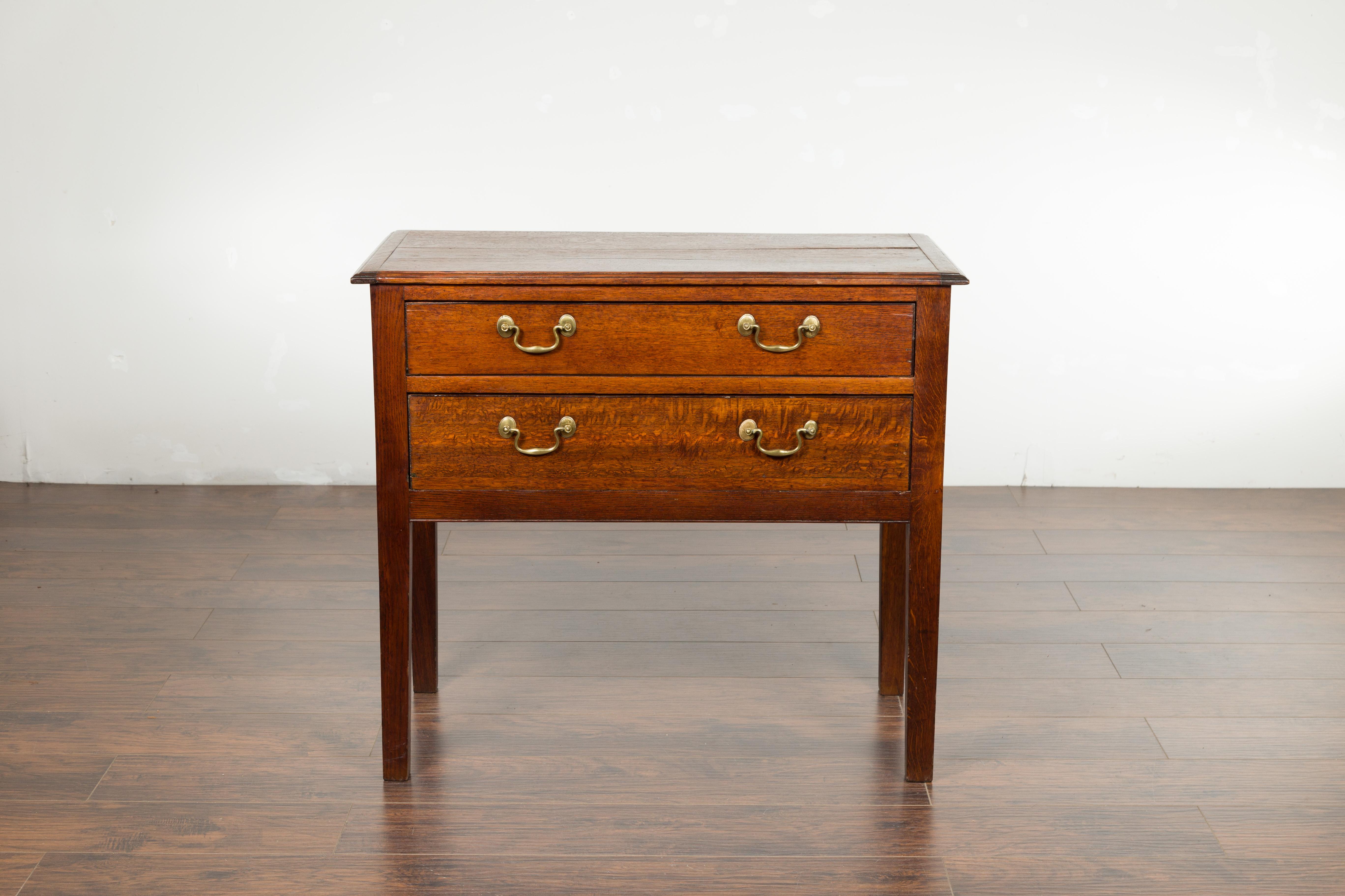 English 19th Century Oak Two-Drawer Chest with Brass Pulls and Straight Legs 2