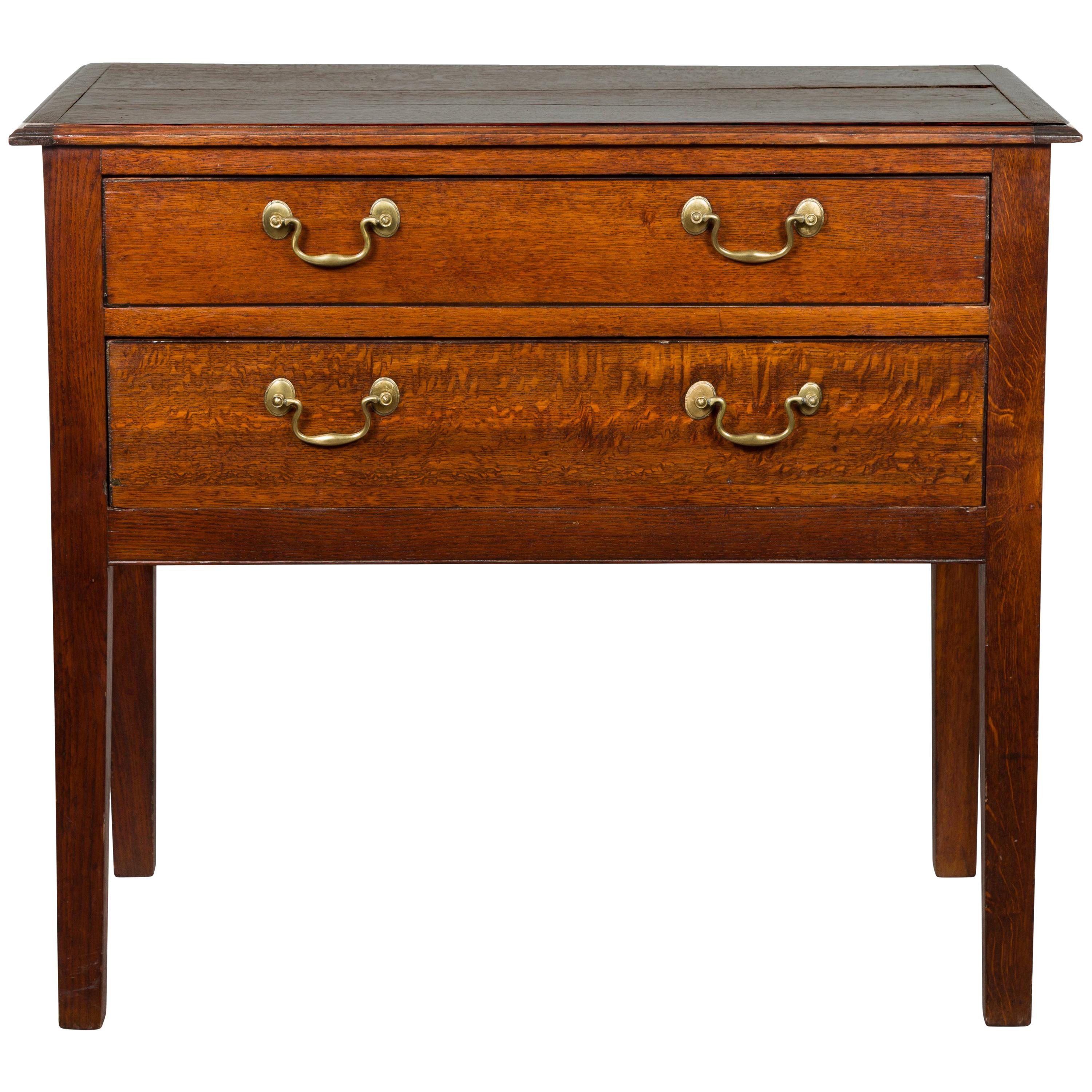 English 19th Century Oak Two-Drawer Chest with Brass Pulls and Straight Legs