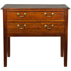 Antique English 19th Century Oak Two-Drawer Chest with Brass Pulls and Straight Legs
