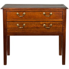 English 19th Century Oak Two-Drawer Chest with Brass Pulls and Straight Legs