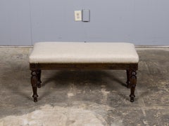 English 19th Century Oak Upholstered Bench with Turned Legs
