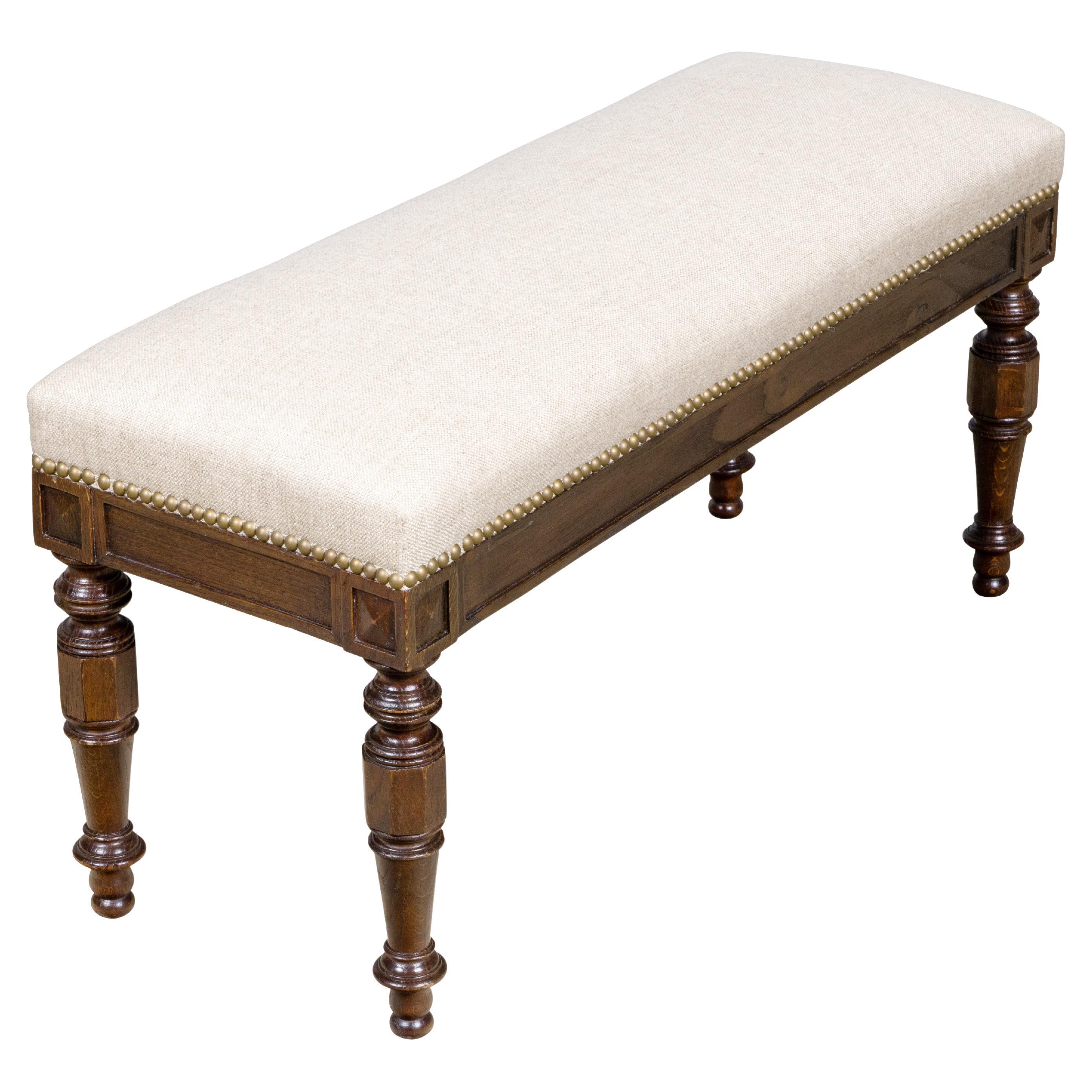 English 19th Century Oak Upholstered Bench with Turned Legs