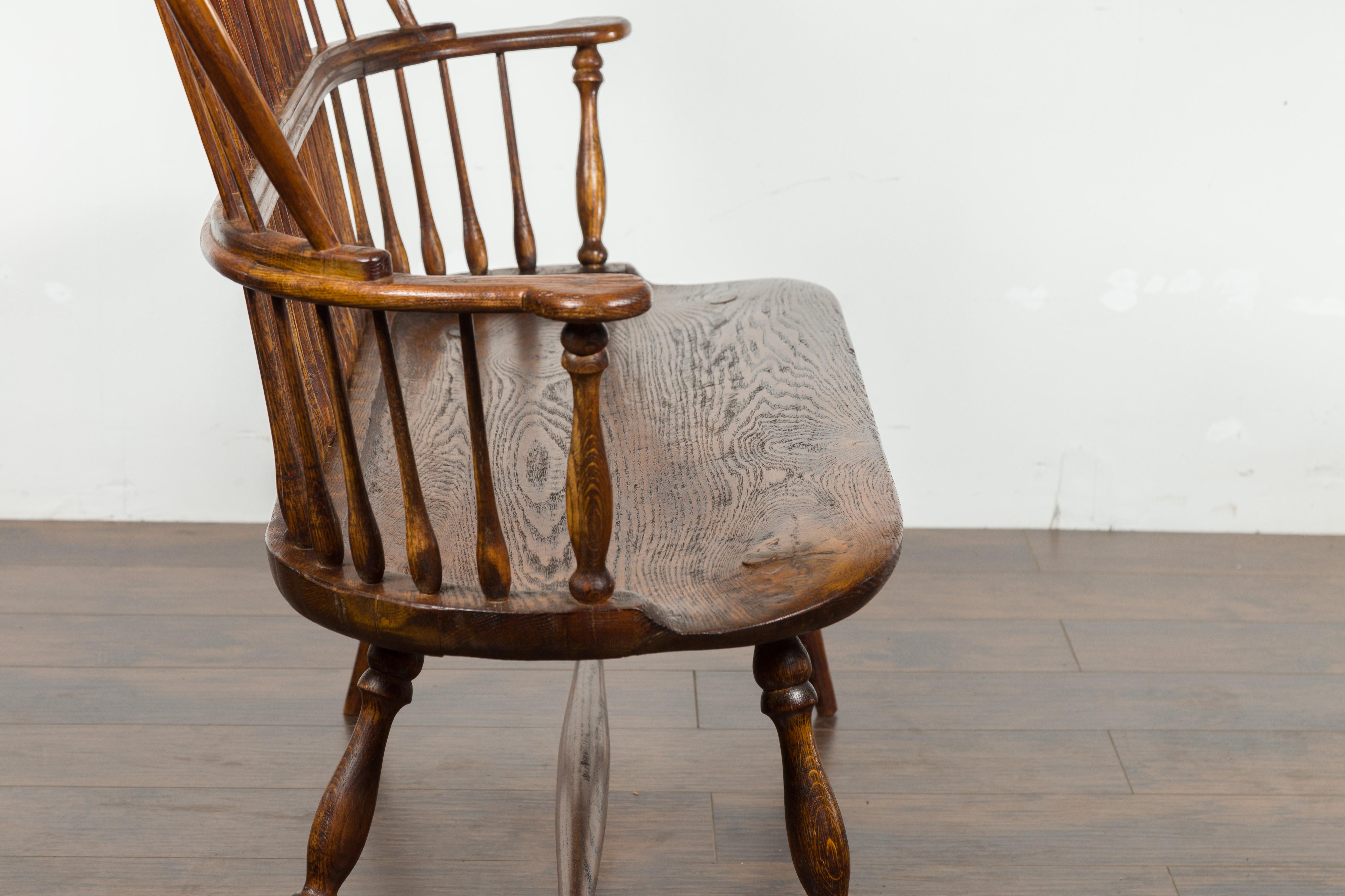 English 19th Century Oak Windsor Bench with Spindle Accents and Cross Stretcher 12