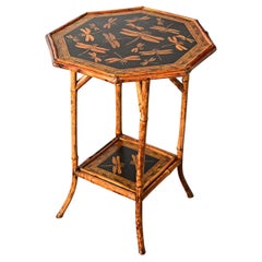 Englischer achteckiger Bambustisch aus dem 19. Jahrhundert mit Decoupage