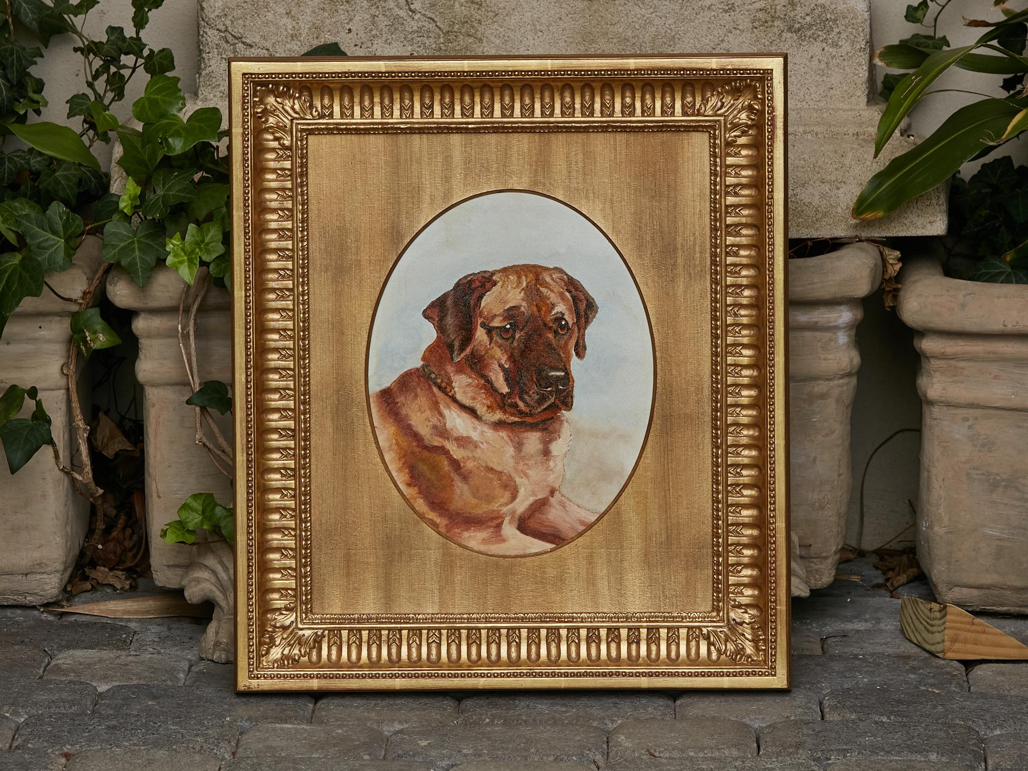 An English oil on board painting from the 19th century depicting the bust of a mastiff dog, in giltwood frame. Immerse your home in the timeless elegance of animal portraiture with this captivating English oil on board painting from the 19th