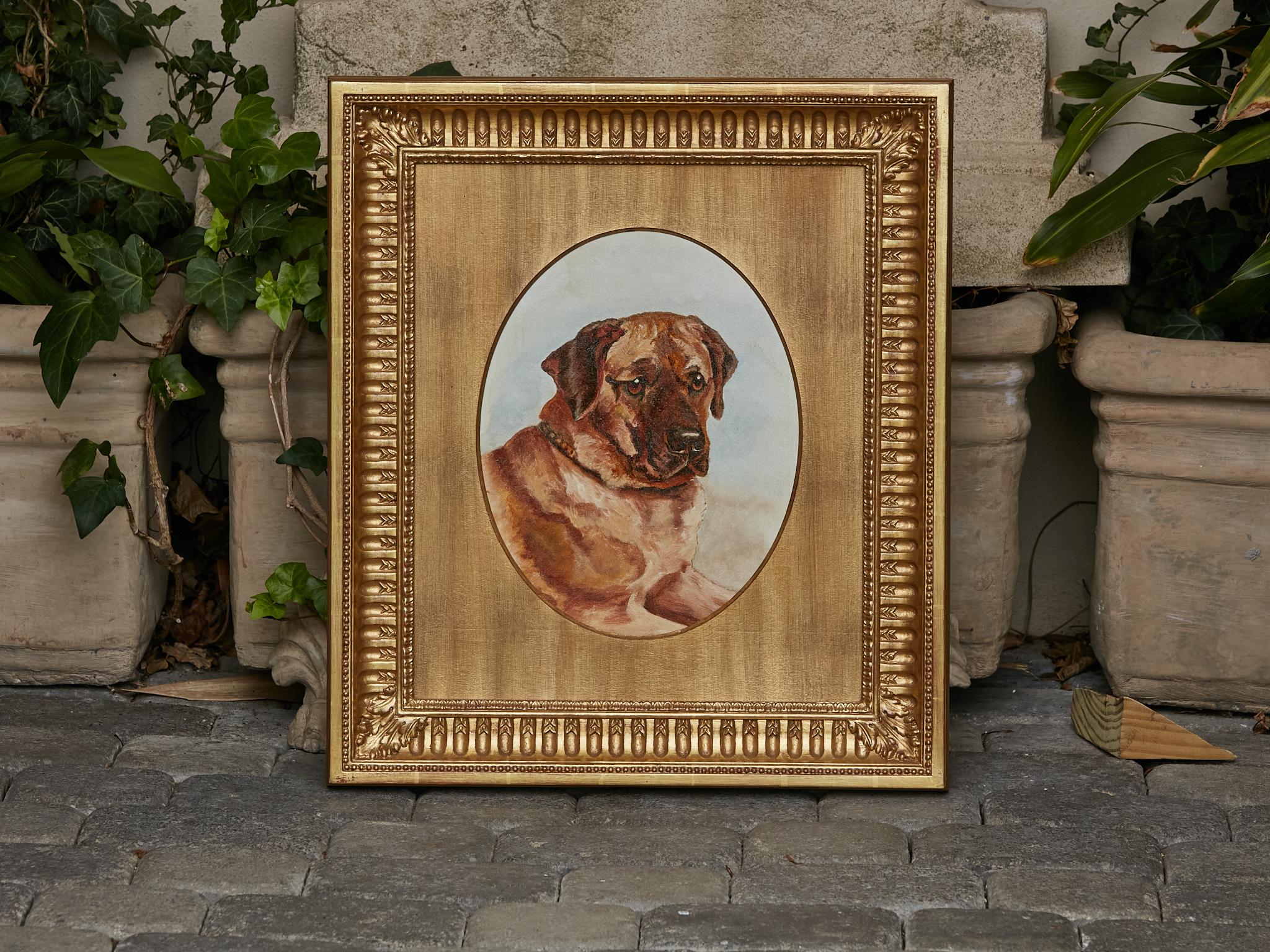 English 19th Century Oil on Board Mastiff Dog Painting in Giltwood Frame In Good Condition For Sale In Atlanta, GA