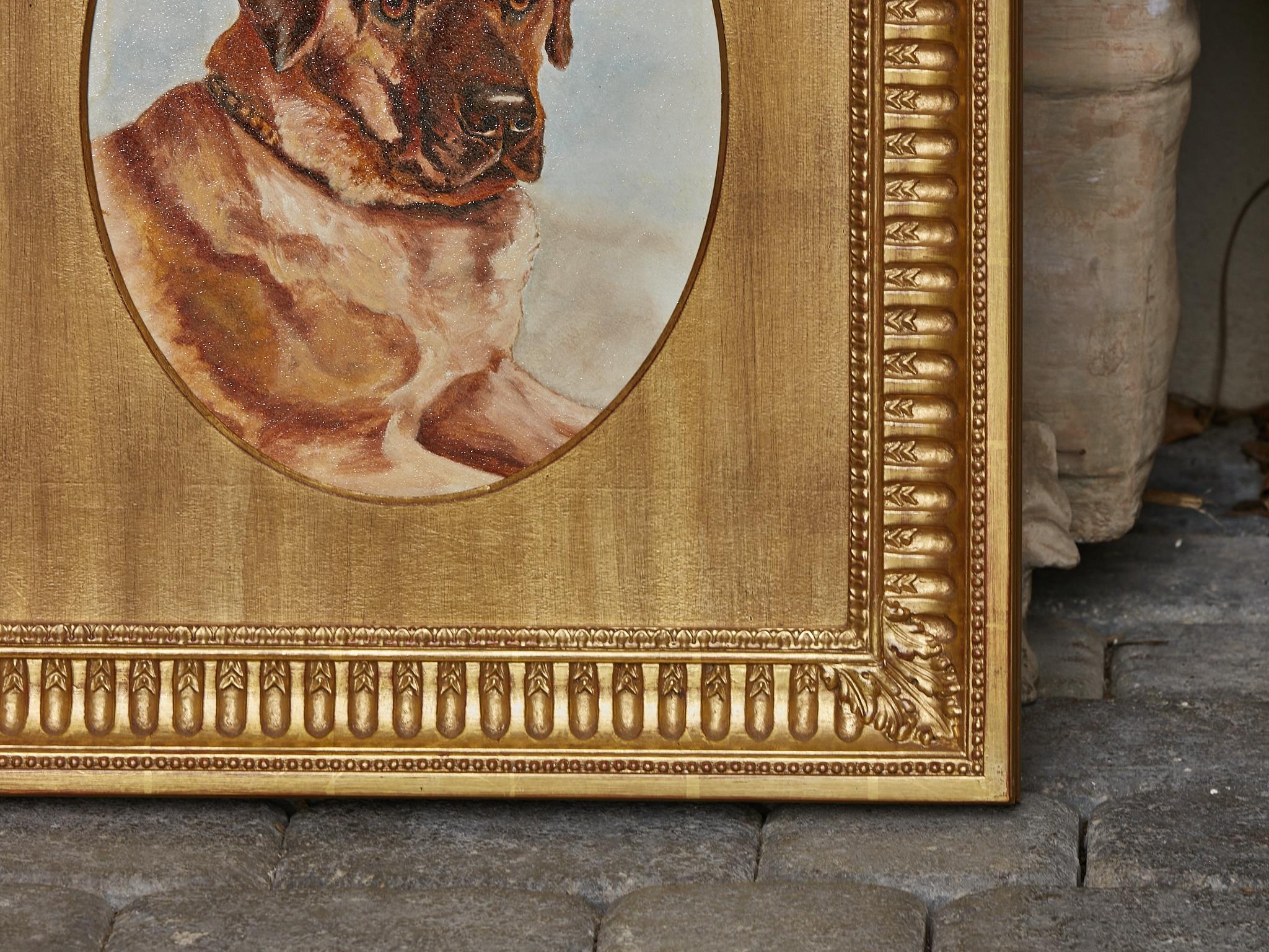 Anglais Peinture anglaise du 19ème siècle, huile sur panneau, chien Mastiff dans un cadre en bois doré en vente