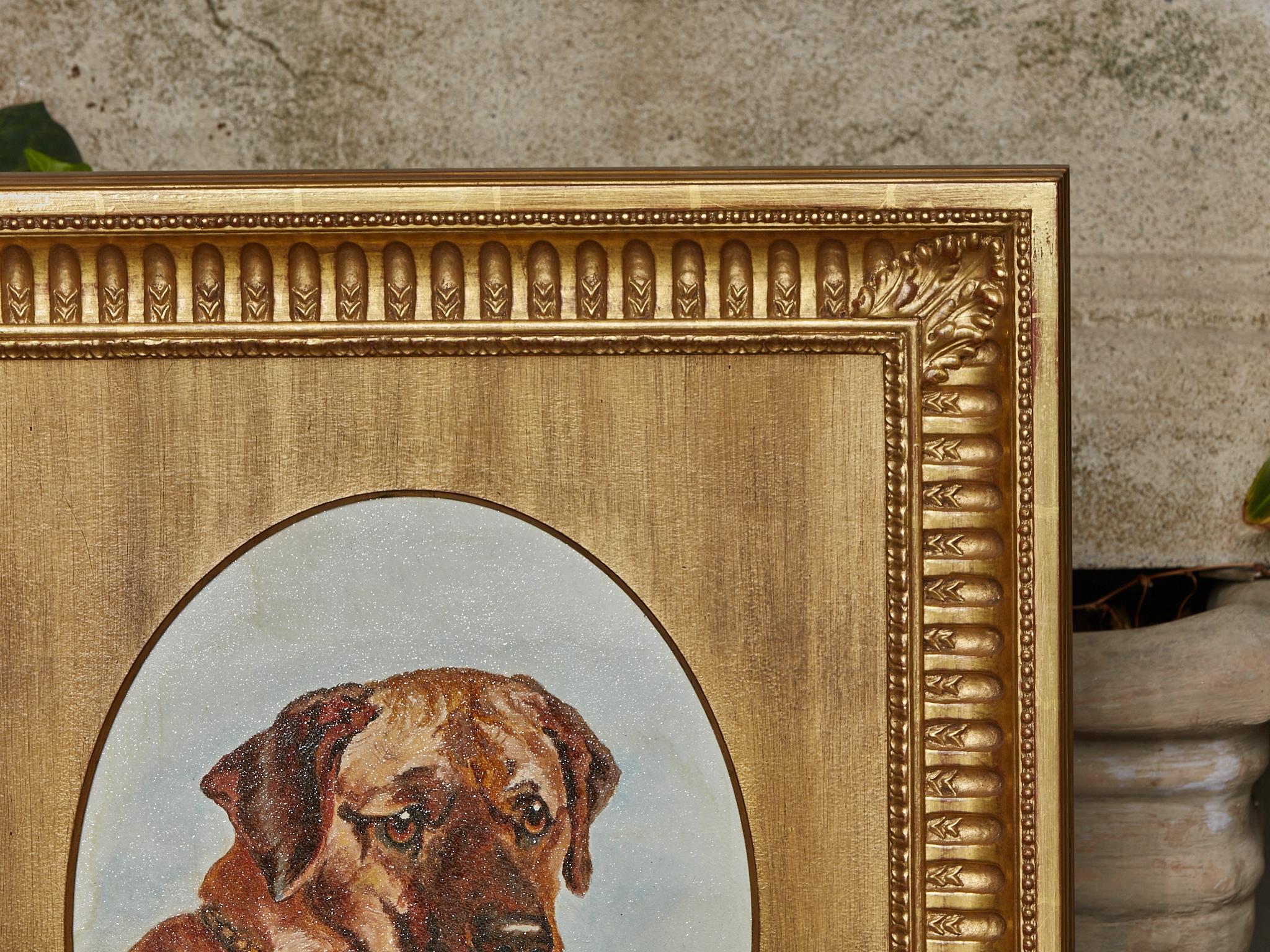 Doré Peinture anglaise du 19ème siècle, huile sur panneau, chien Mastiff dans un cadre en bois doré en vente