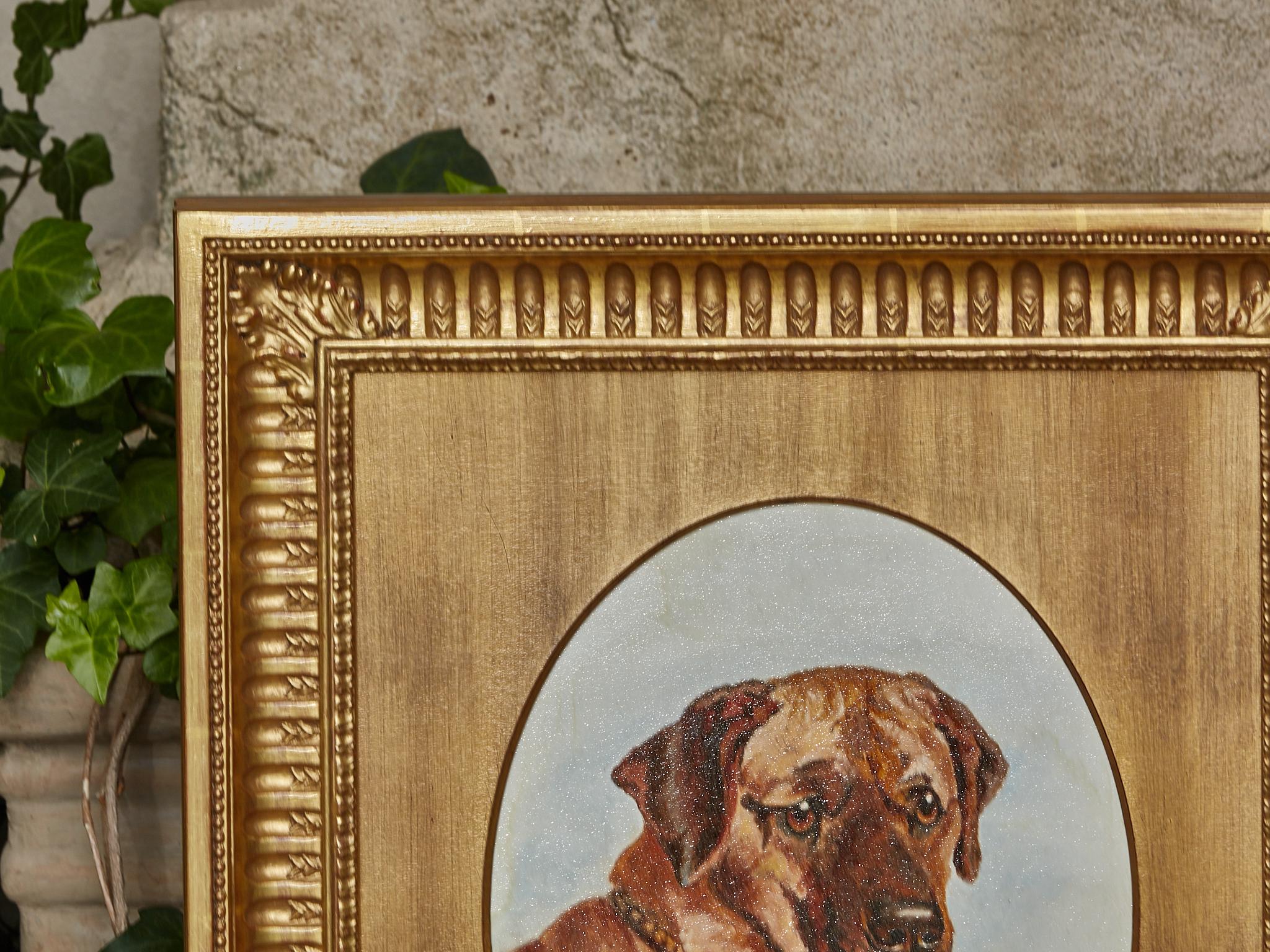Peinture anglaise du 19ème siècle, huile sur panneau, chien Mastiff dans un cadre en bois doré Bon état - En vente à Atlanta, GA