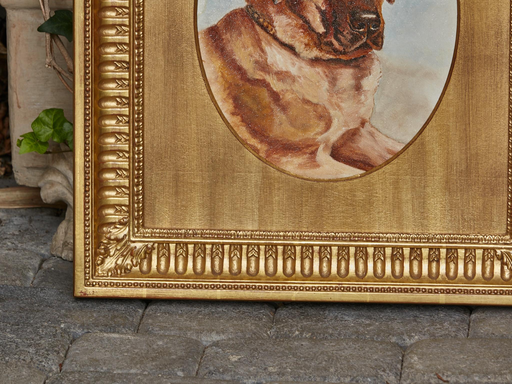 English 19th Century Oil on Board Mastiff Dog Painting in Giltwood Frame For Sale 3