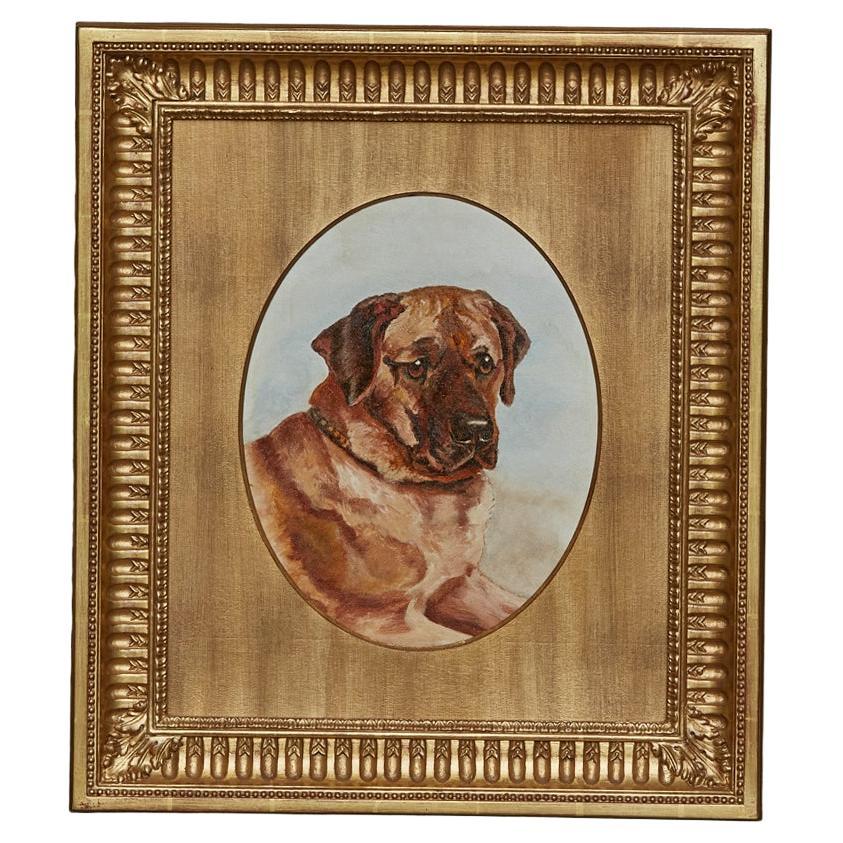 Peinture anglaise du 19ème siècle, huile sur panneau, chien Mastiff dans un cadre en bois doré