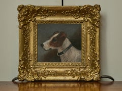 English 19th Century Oil on Board Painting of a Terrier Dog in Carved Gilt Frame