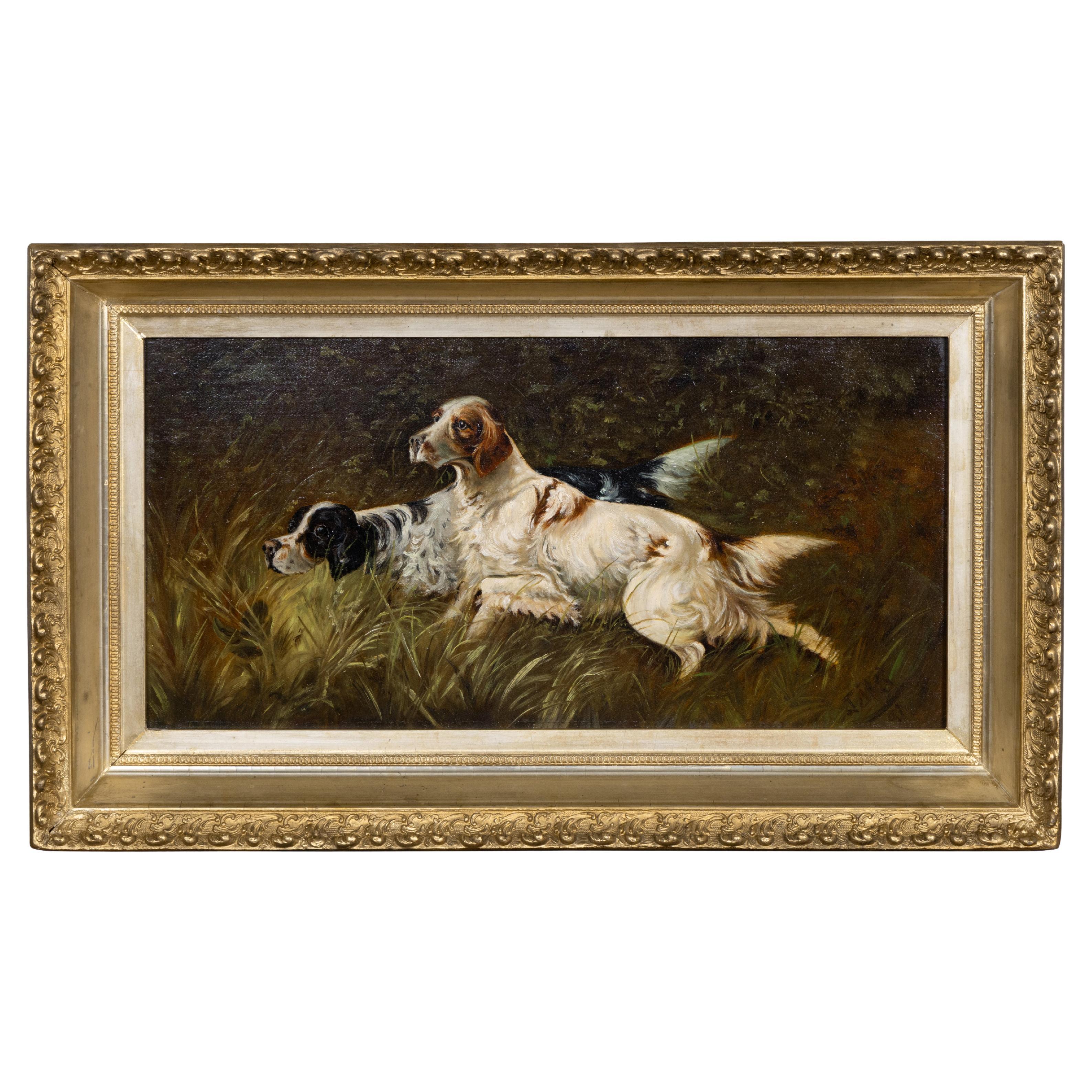 English 19th Century Oil on Board Painting of Two Setters in a Landscape