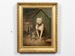 English 19th Century Oil on Canvas Painting of a Dog and Cat in Gilt Frame