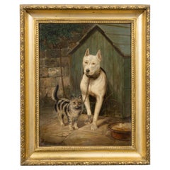 English 19th Century Oil on Canvas Painting of a Dog and Cat in Gilt Frame