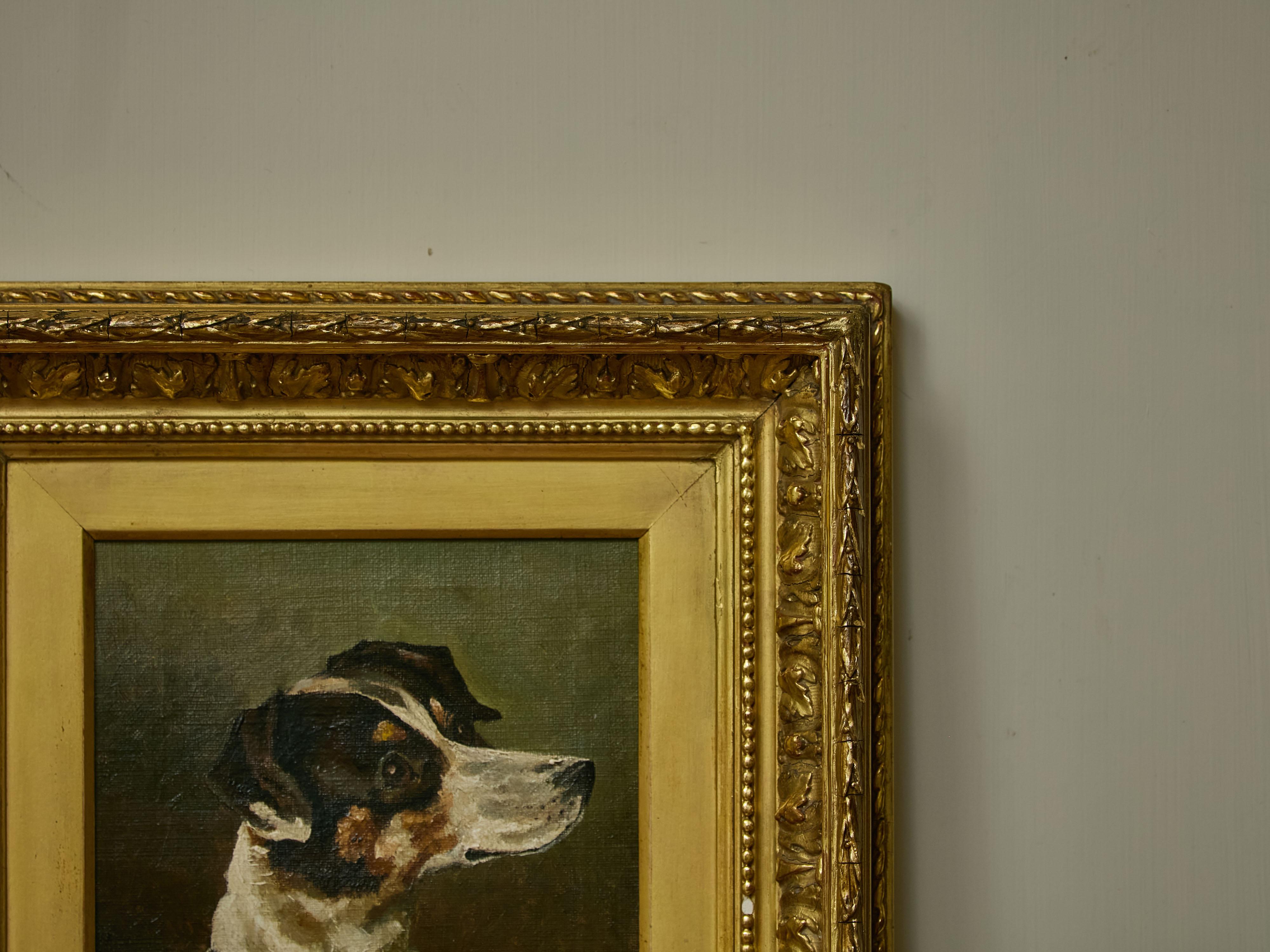 English 19th Century Oil on Canvas Painting of a Terrier Dog in Gilded Frame In Good Condition In Atlanta, GA