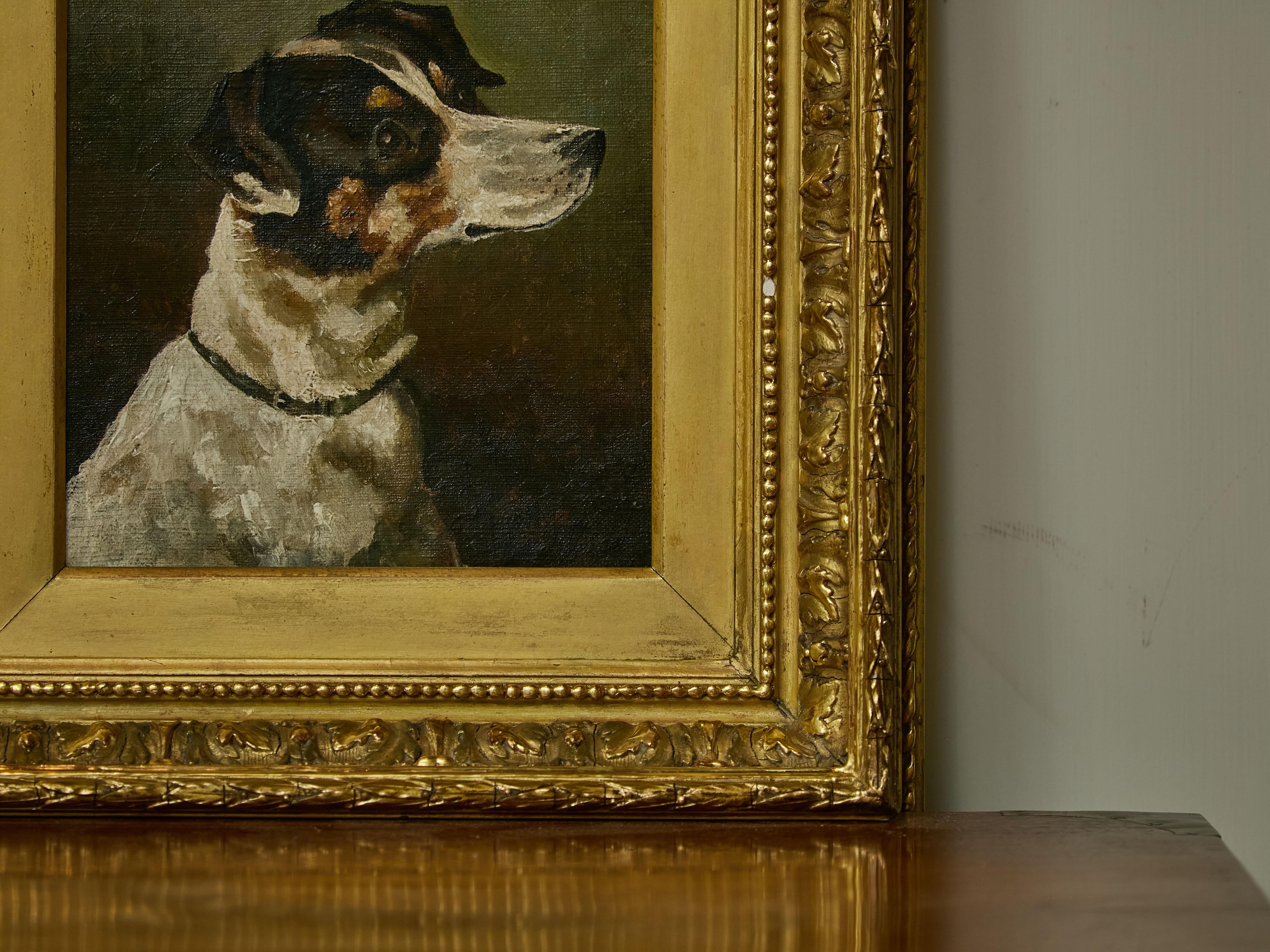 English 19th Century Oil on Canvas Painting of a Terrier Dog in Gilded Frame 1
