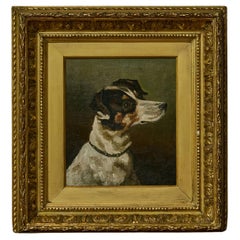 Pintura inglesa al óleo sobre lienzo del siglo XIX de un perro terrier en marco dorado