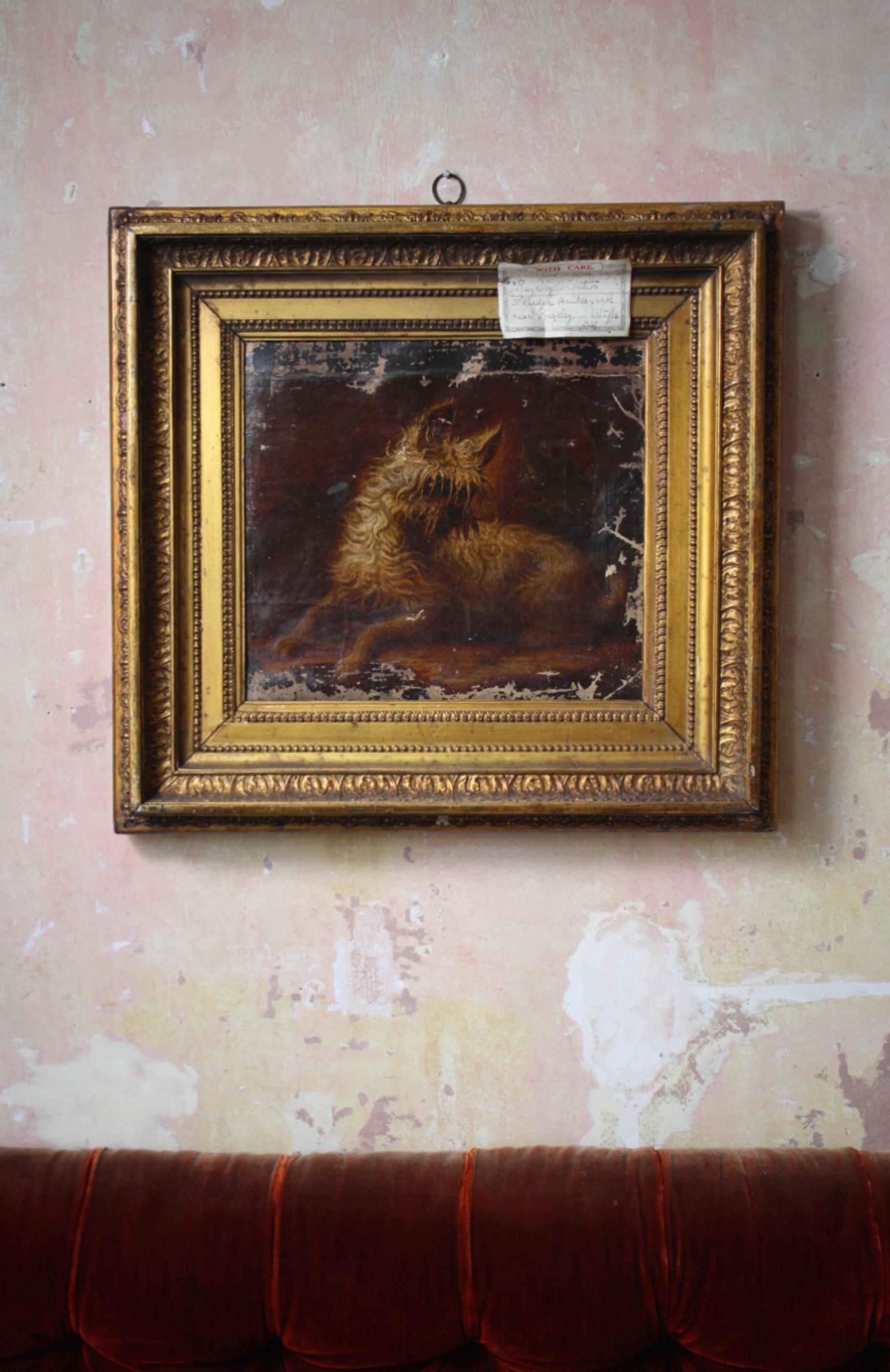 A 19th century dark and moody depictions of a terrier, housed in a later yet period deep gilt wood frame.

The painting shows areas of loss, abrasions but no holes or rips to the canvas. The painting has also been remounted, stretched and relined.