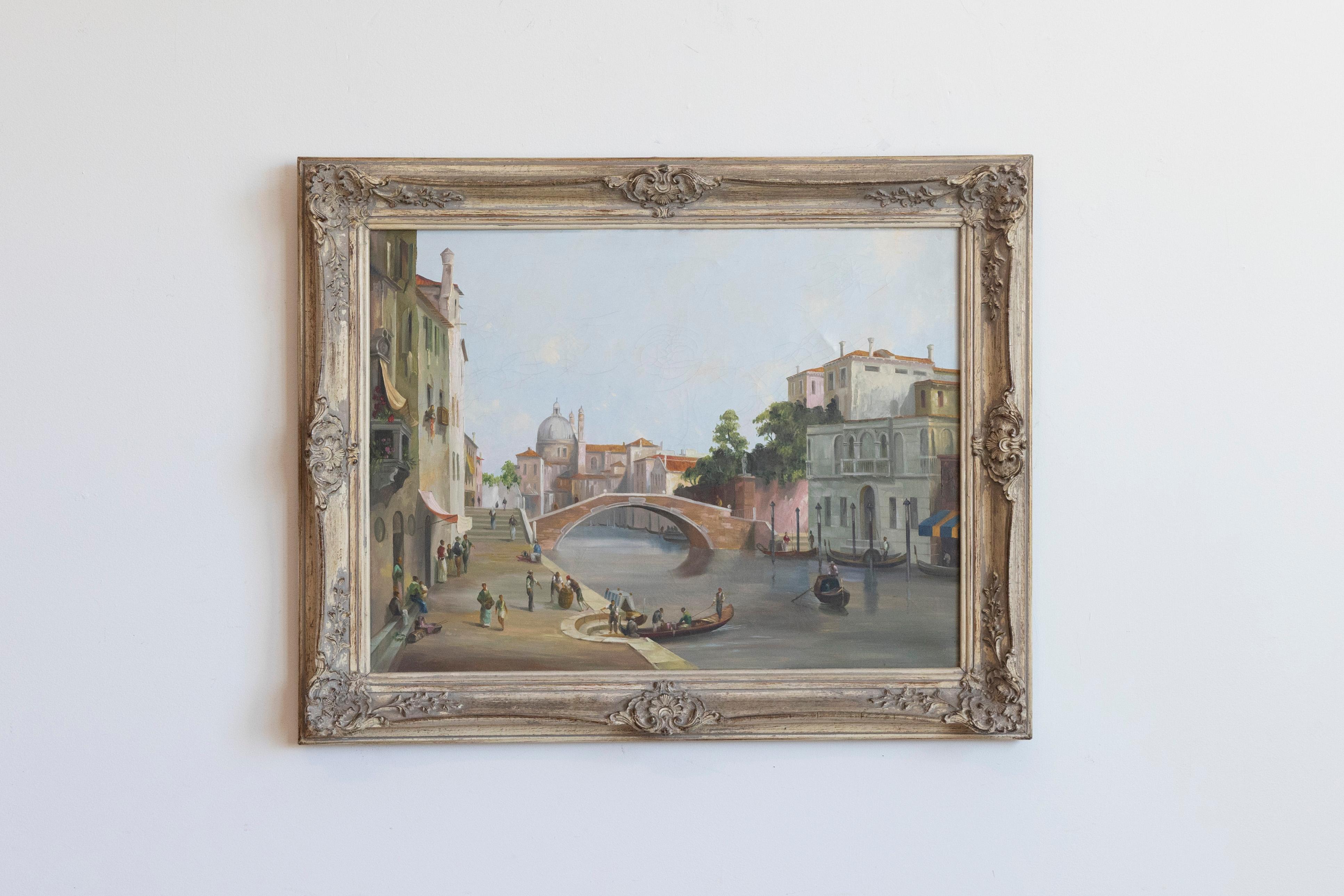 An English framed oil painting from the 19th century captures the enchanting allure of Venice, one of the most iconic cities in the world. This delightful artwork transports viewers to the picturesque canals of the Serenissima, where vibrant life