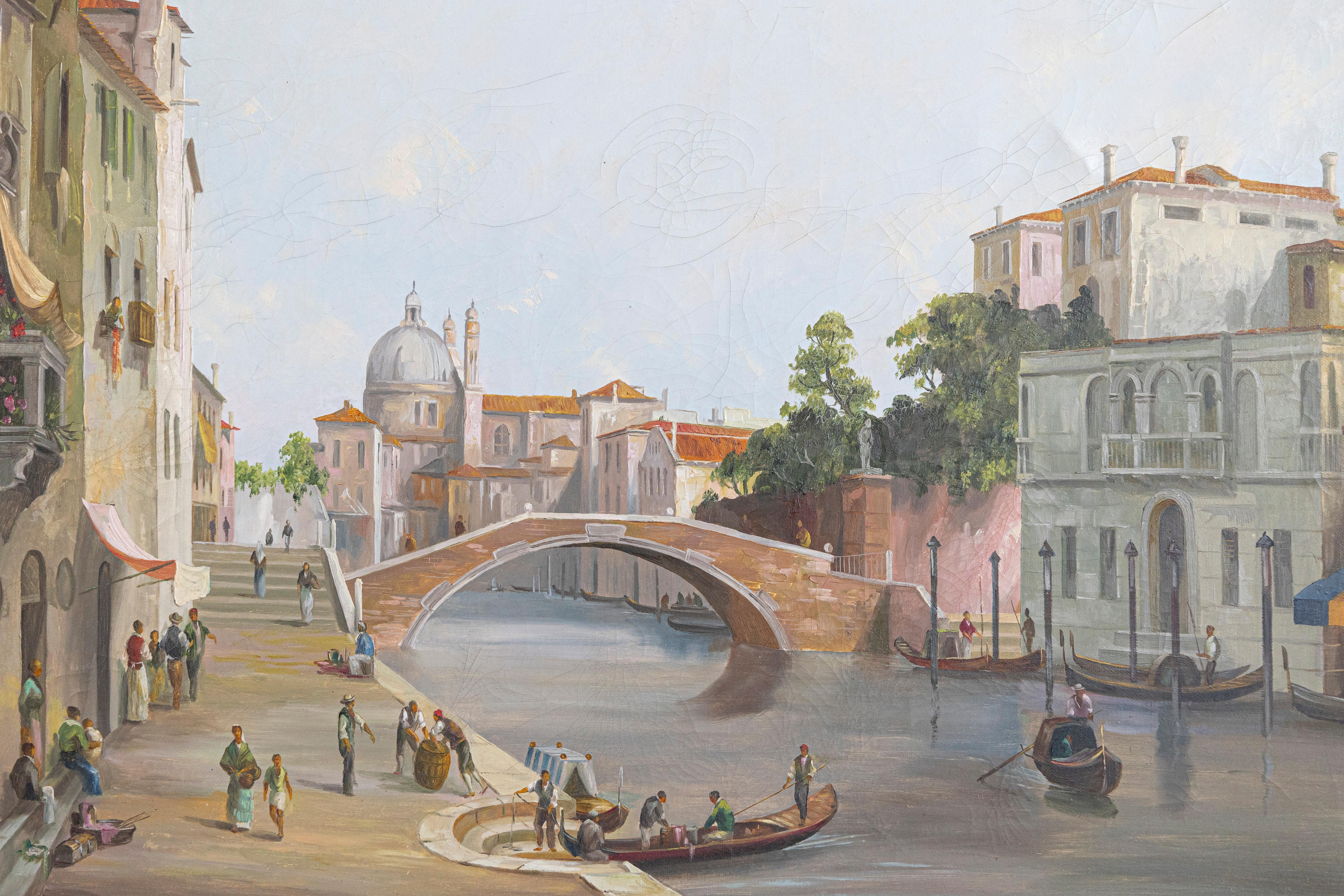 English 19th Century Oil Painting Depicting a Venetian Scene in Carved Frame In Good Condition For Sale In Atlanta, GA