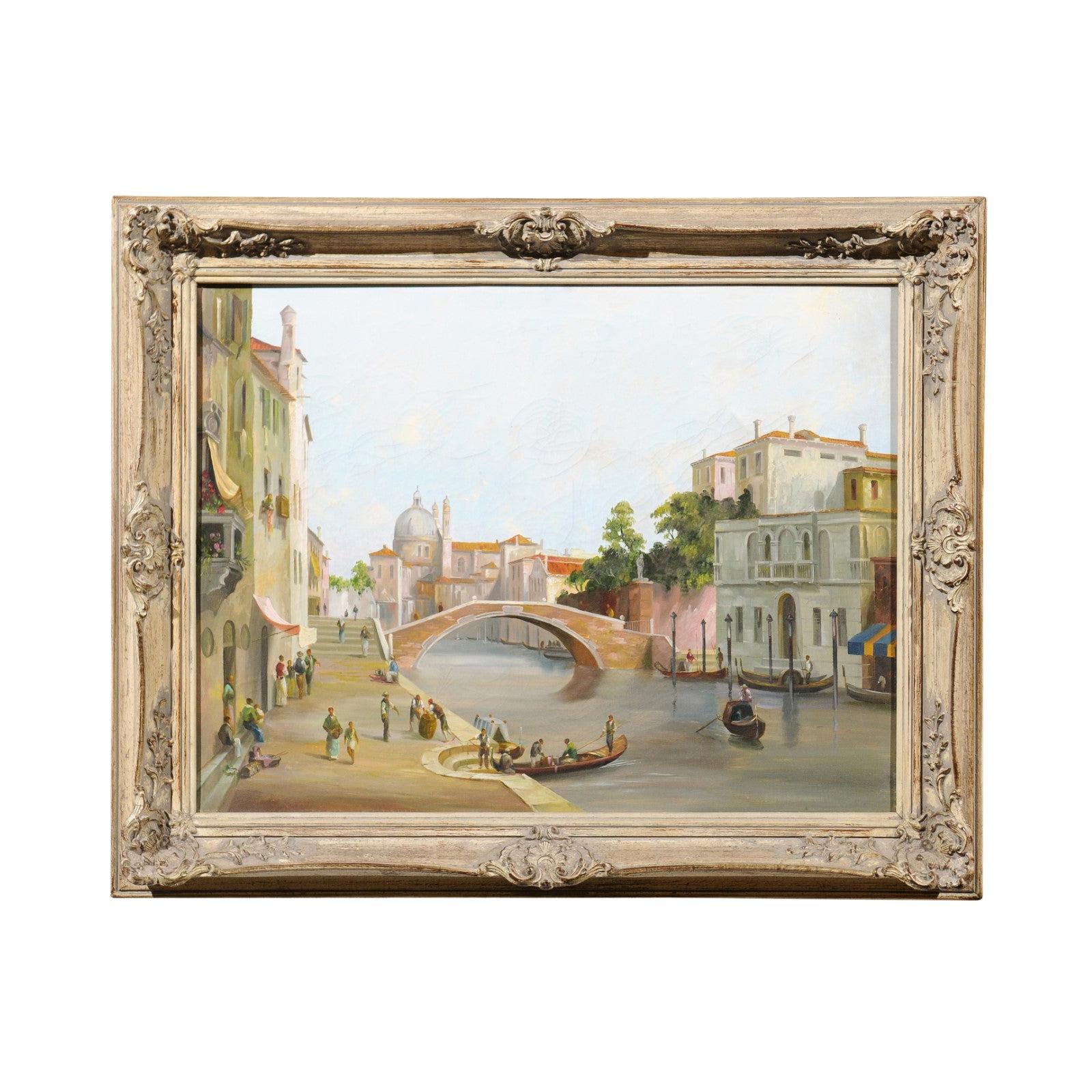 English 19th Century Oil Painting Depicting a Venetian Scene in Carved Frame For Sale