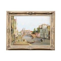 Antique English 19th Century Oil Painting Depicting a Venetian Scene in Carved Frame