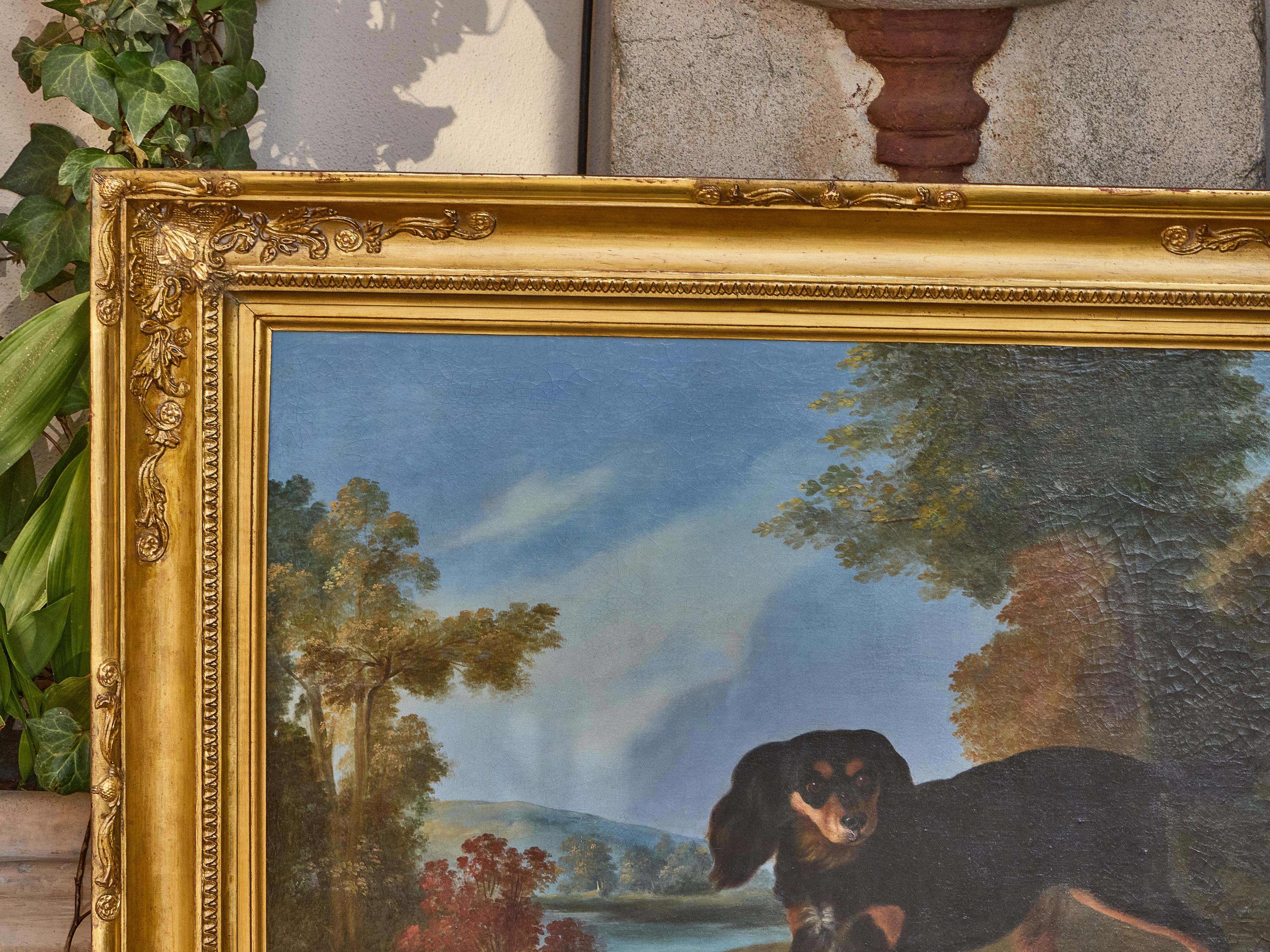 Carved English 19th Century Oil Painting of a Dog and Pheasant in Landscape For Sale