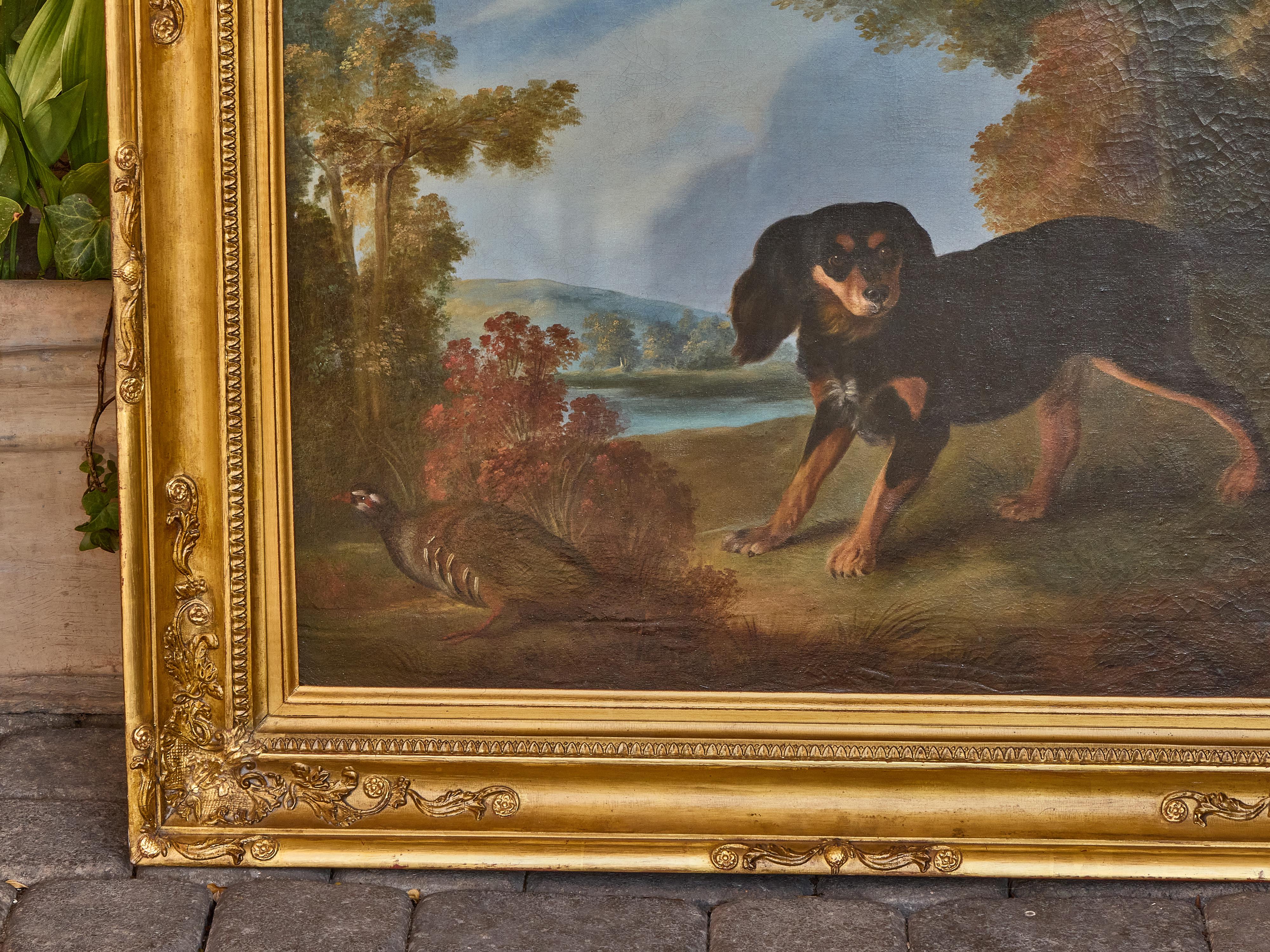 English 19th Century Oil Painting of a Dog and Pheasant in Landscape In Good Condition For Sale In Atlanta, GA