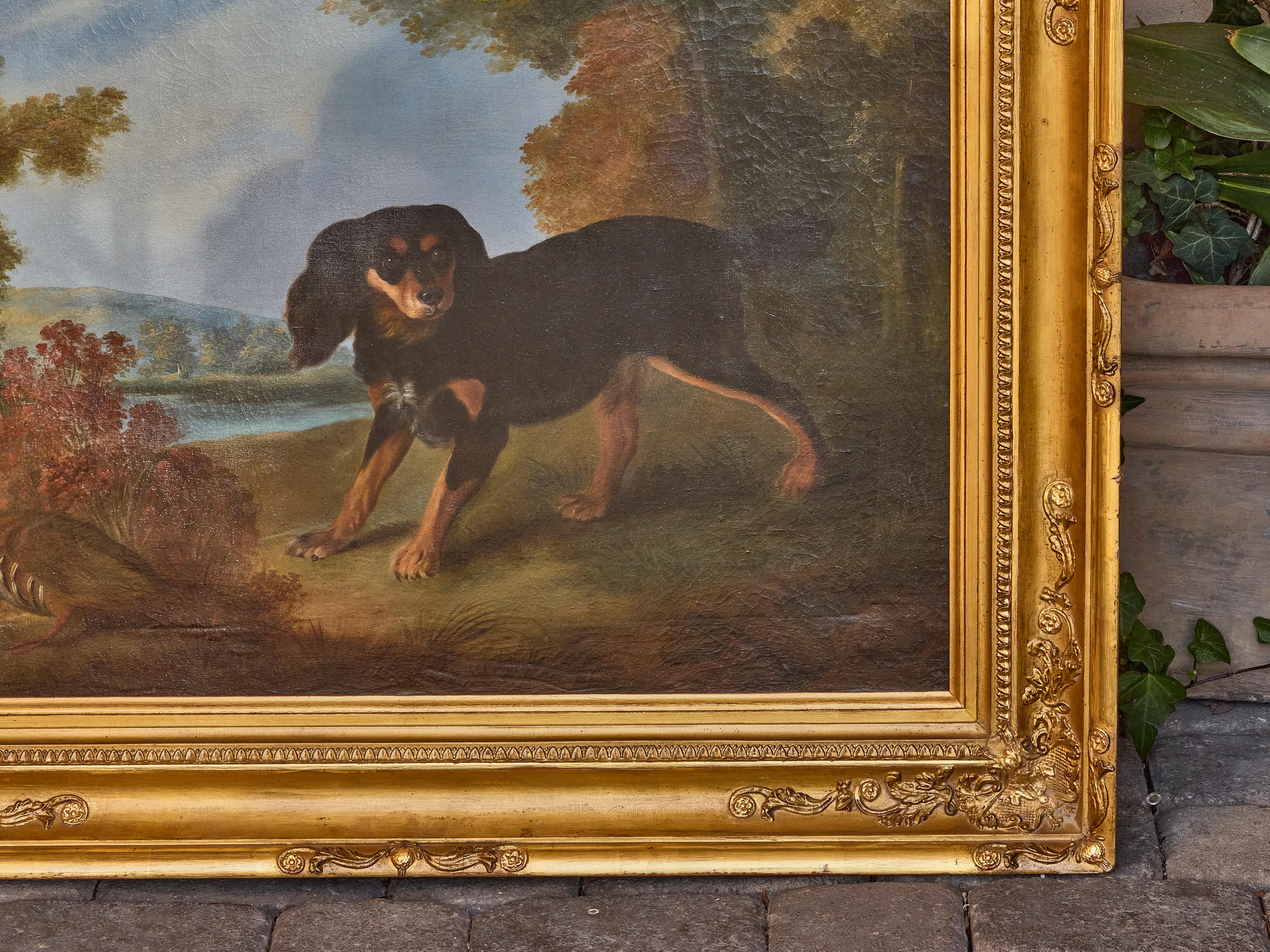 Canvas English 19th Century Oil Painting of a Dog and Pheasant in Landscape For Sale