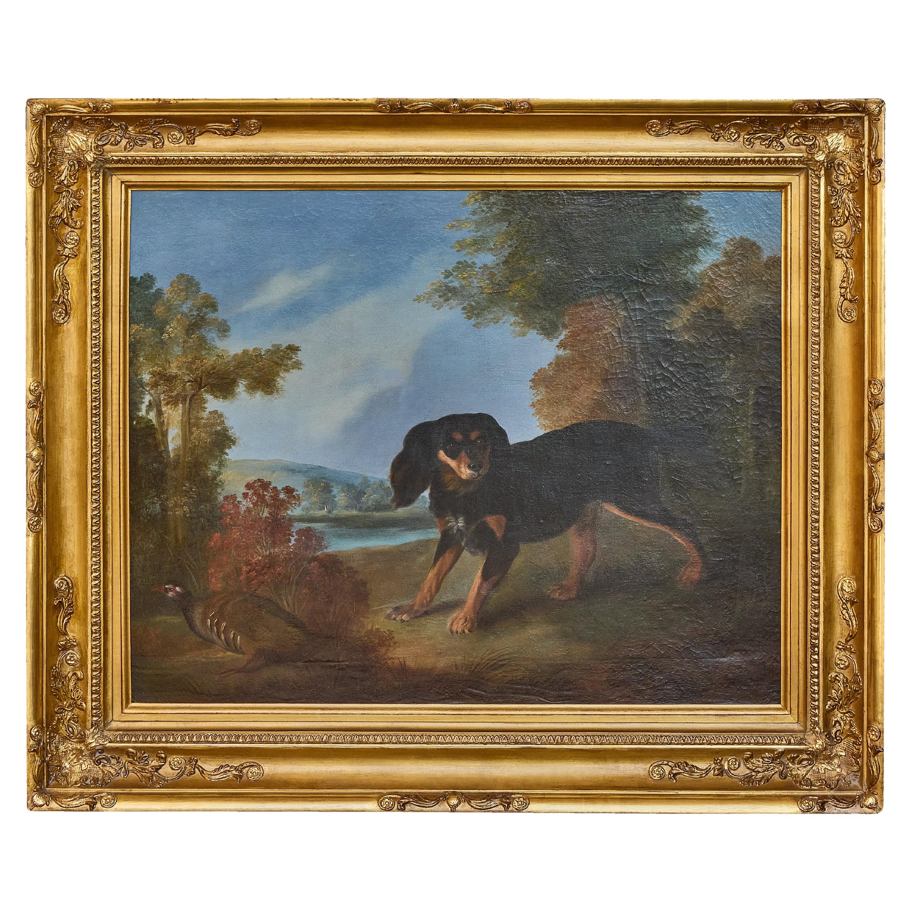 English 19th Century Oil Painting of a Dog and Pheasant in Landscape For Sale