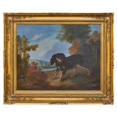 Pintura al óleo inglesa del siglo XIX de un perro y un faisán en un paisaje