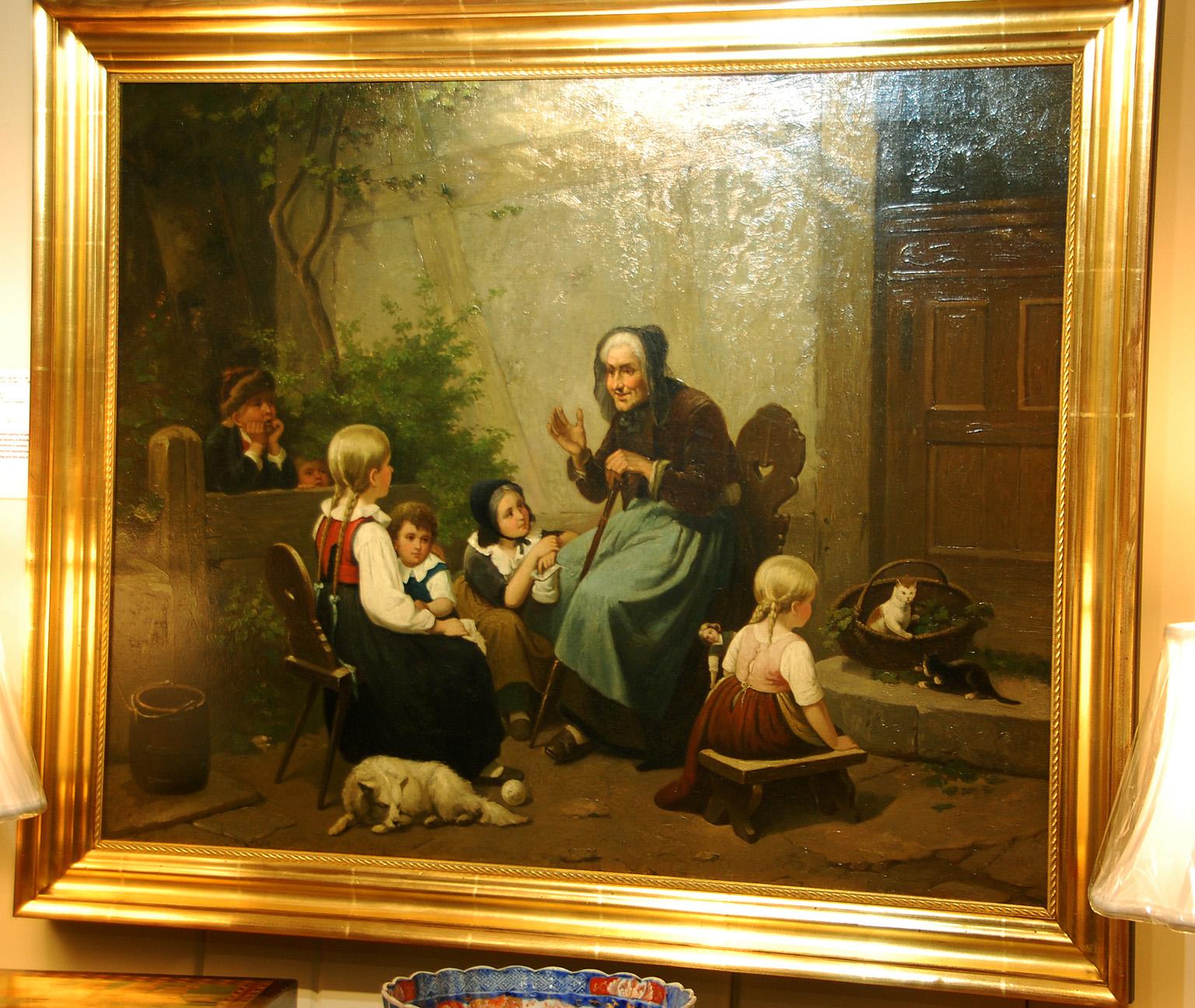English original l9th century oil painting on canvas by William Poole. This large genre painting by noted portraitist William Poole, captures a moment when Granny has center stage and the children, with their dog and cats nearby, listen avidly to