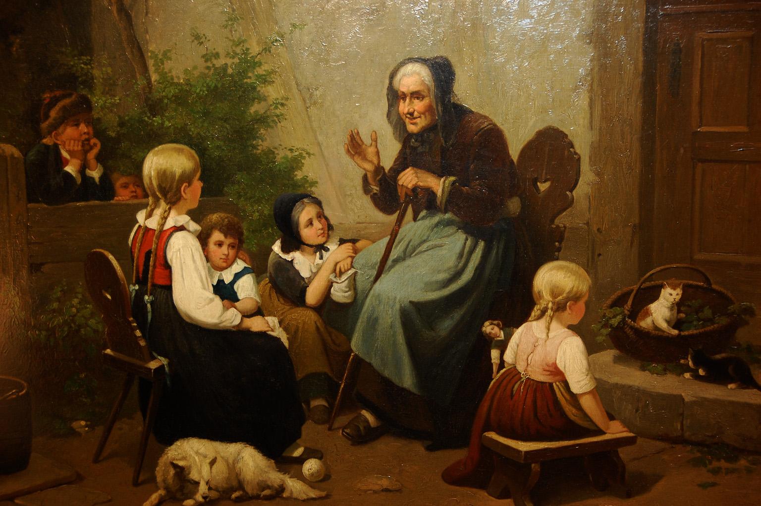 William IV English 19th Century Original William Poole Genre Painting Granny Tells the Tale
