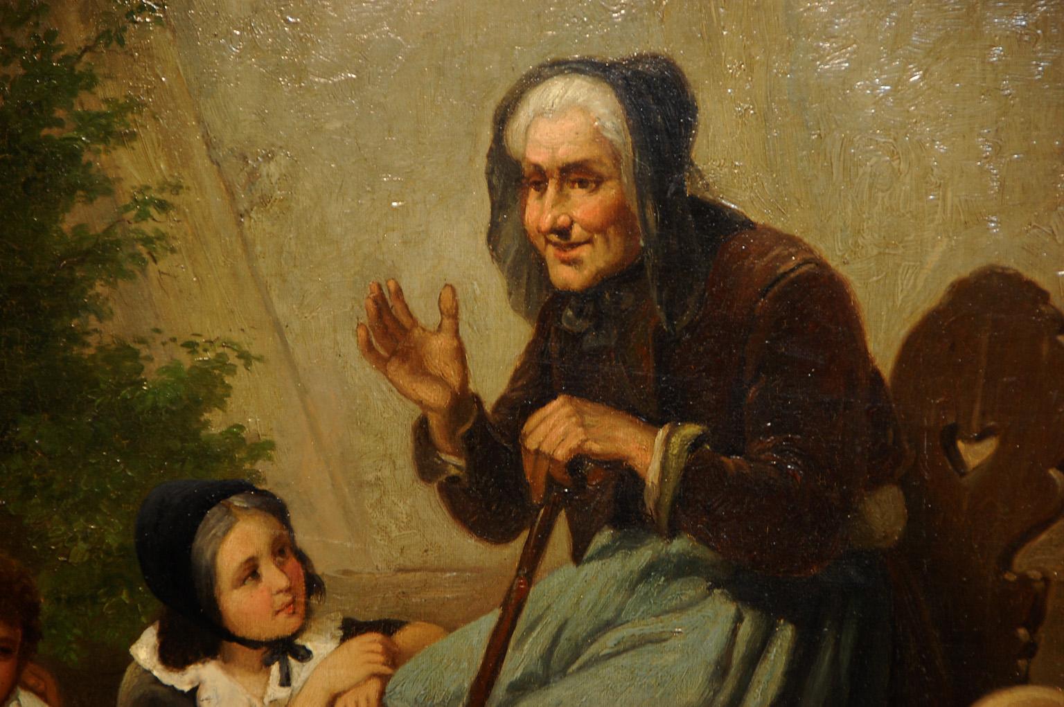 Hand-Painted English 19th Century Original William Poole Genre Painting Granny Tells the Tale