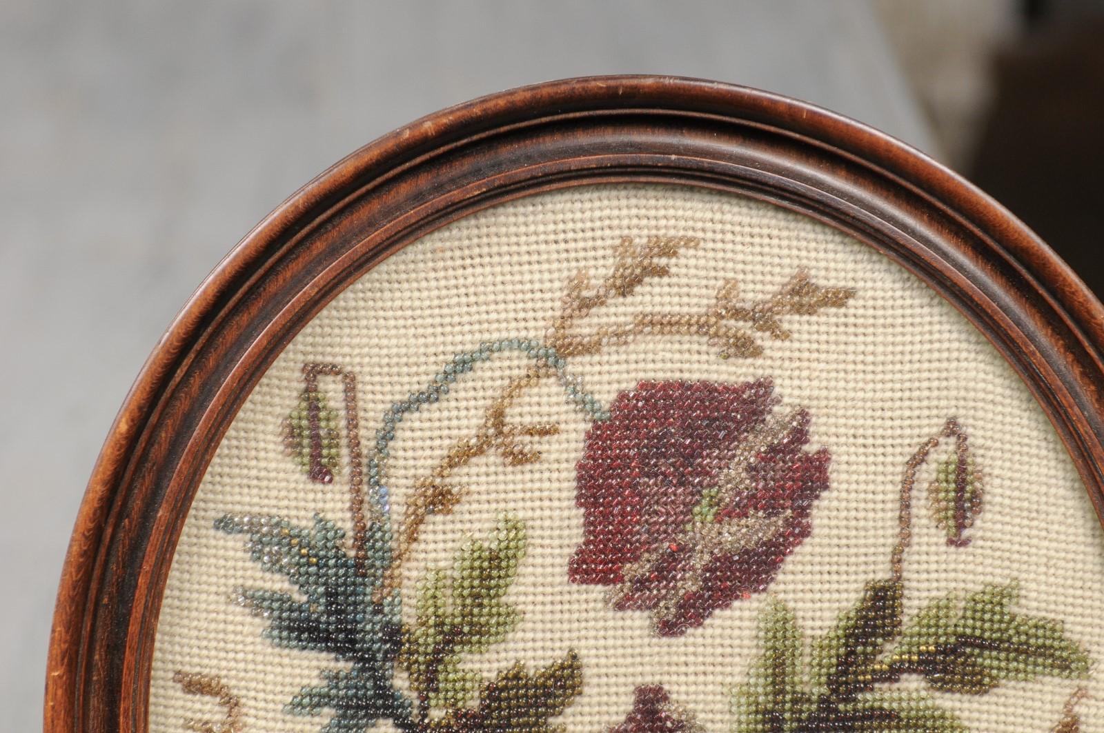 English 19th Century Oval Framed Needlepoint and Beading Tapestry on Stand 3