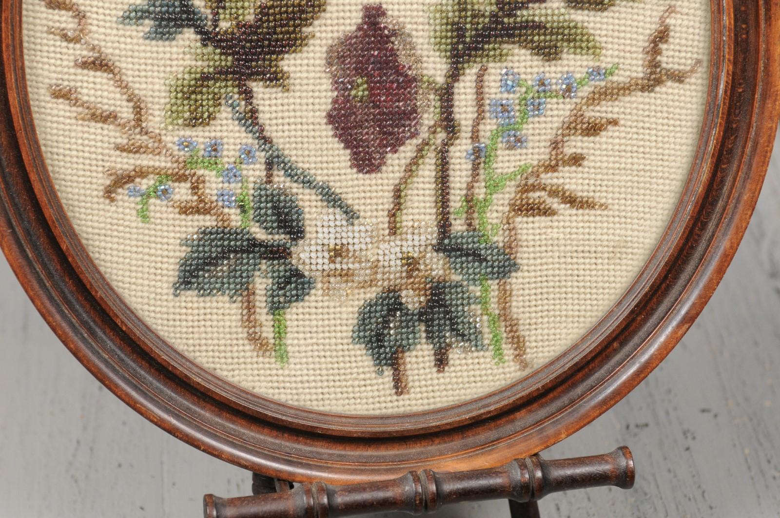 English 19th Century Oval Framed Needlepoint and Beading Tapestry on Stand 4