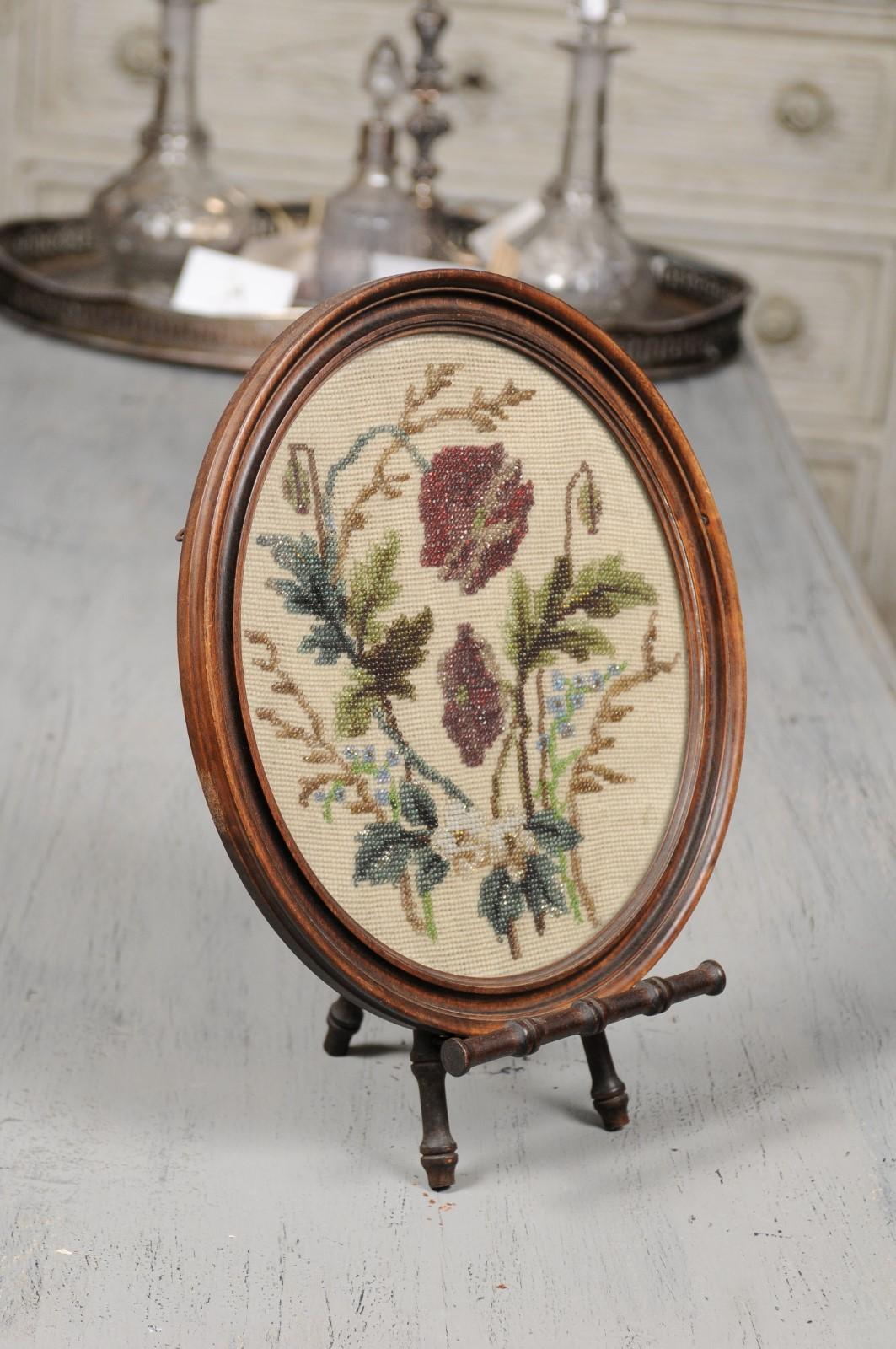 Victorian English 19th Century Oval Framed Needlepoint and Beading Tapestry on Stand