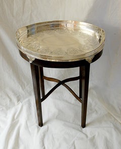 English 19th Century Oval Silver Plate Galleried Tray on Bespoke Mahogany Stand