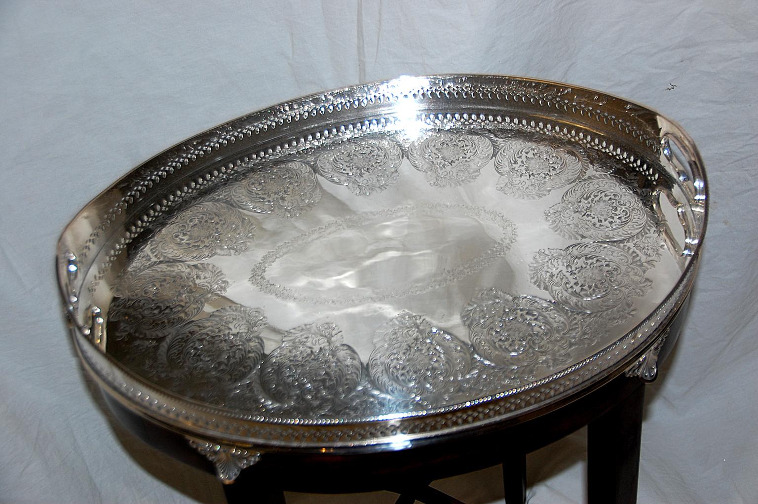 Victorian English 19th Century Oval Silver Plate Galleried Tray on Bespoke Mahogany Stand