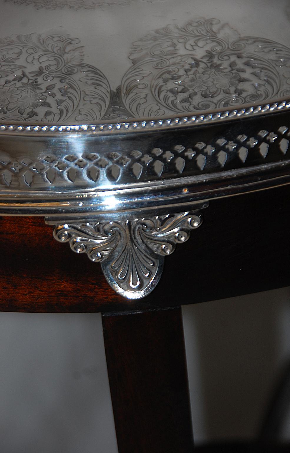 English 19th Century Oval Silver Plate Galleried Tray on Bespoke Mahogany Stand 1